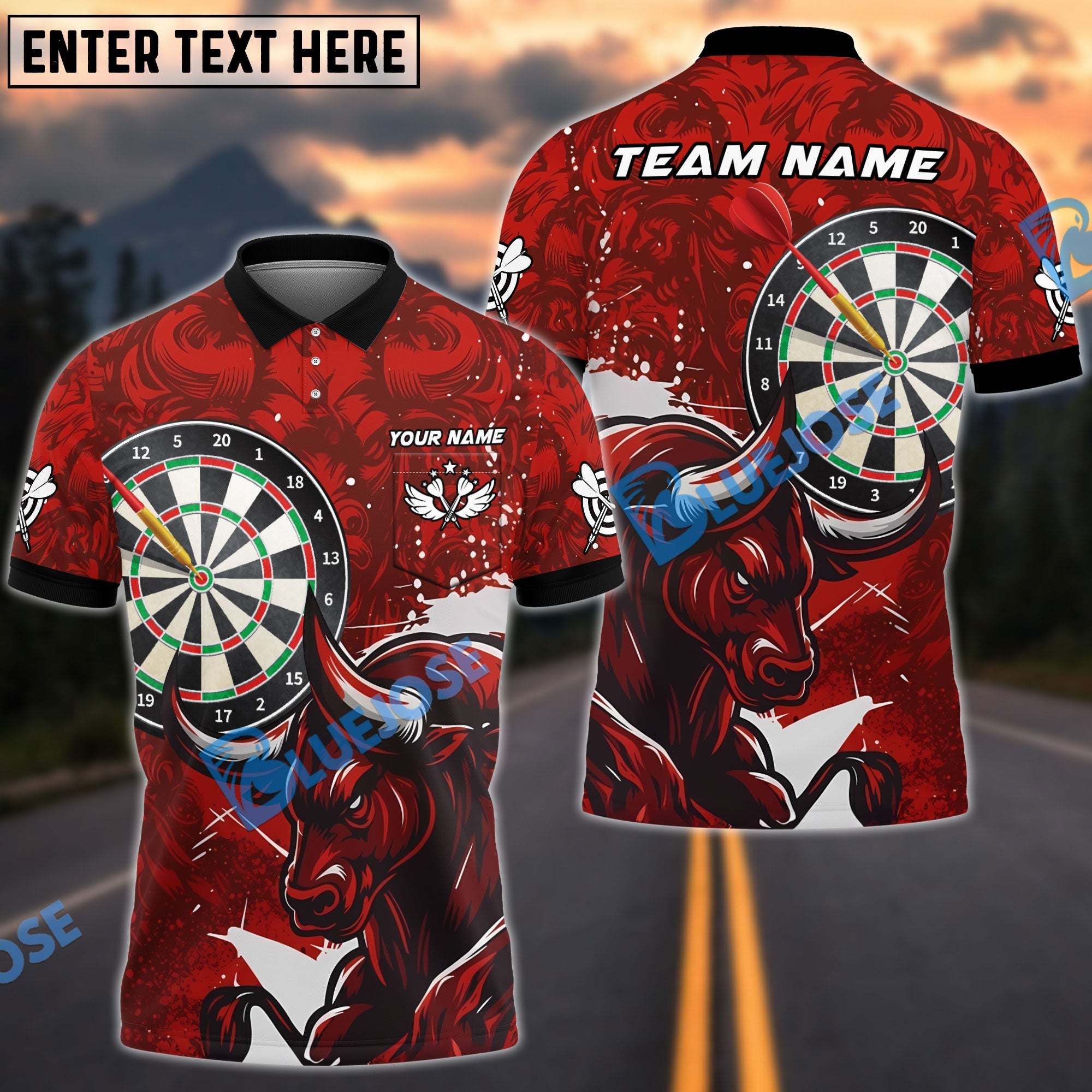 BlueJose Darts Bull Wing Emblem Style Multicolor Options Personalized Name Shirt (4 Colors)