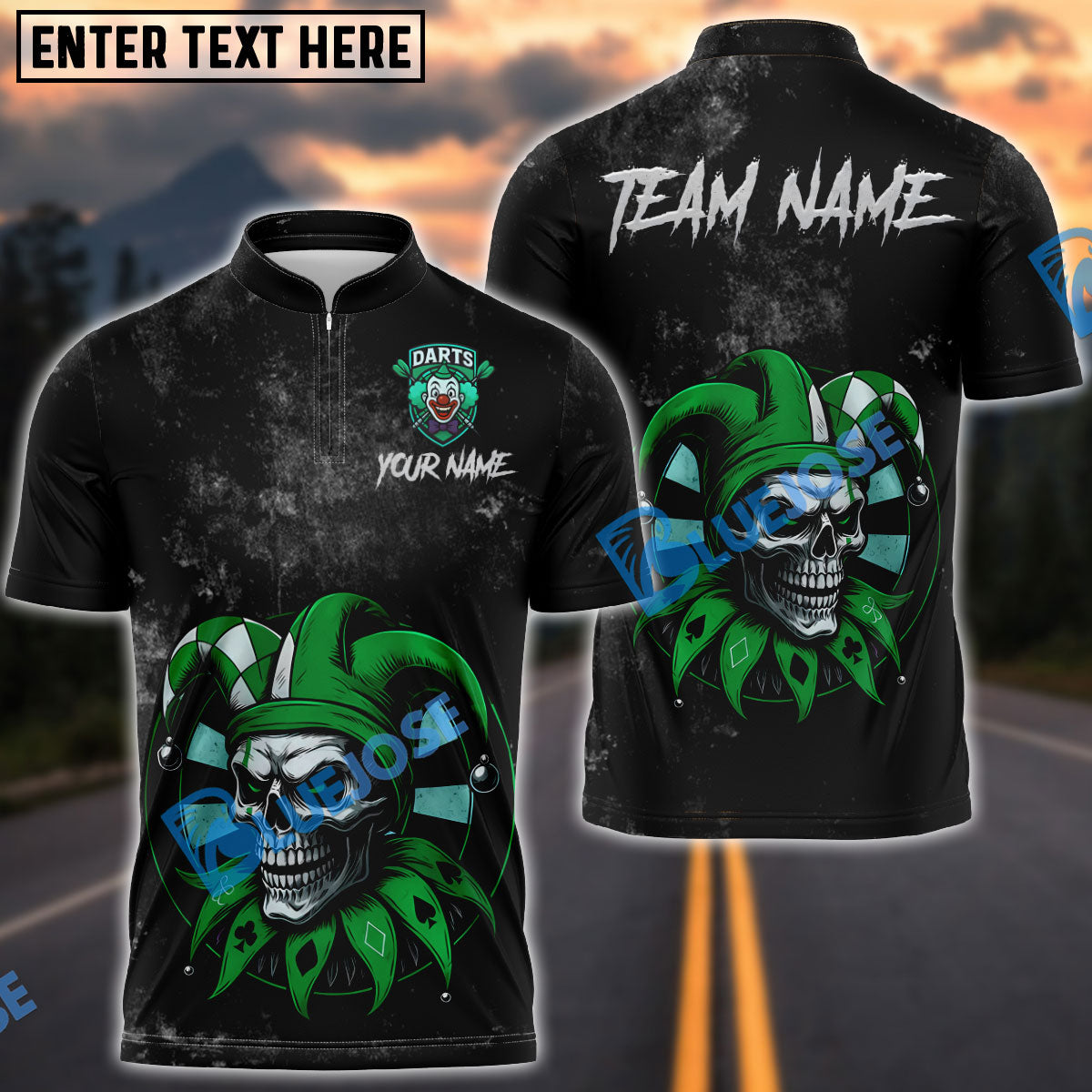 BlueJose Darts Joker Skull Master Personalized Name, Team Name Shirt (4 Colors)
