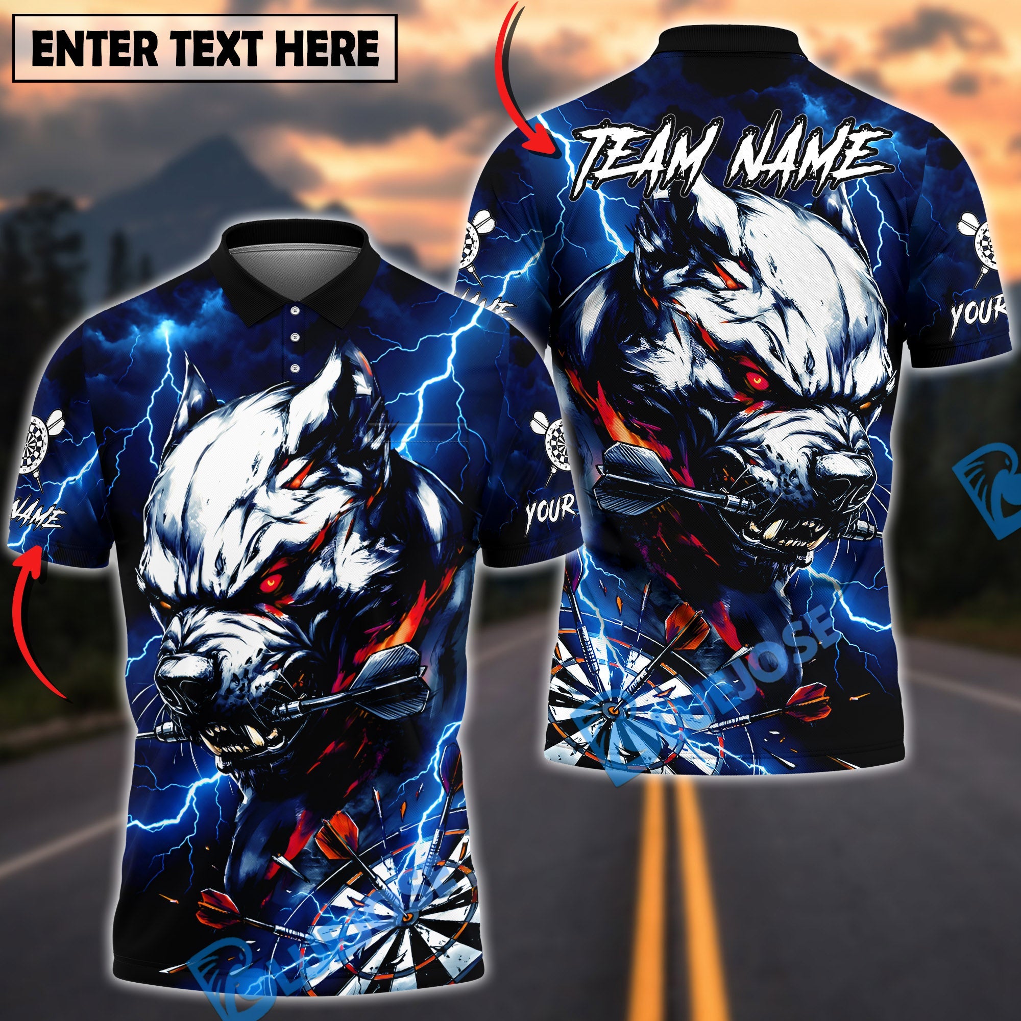 BlueJose Darts Pitbull Lightning Fury Dark Art Multicolor Options Personalized Name Shirt (4 Colors)