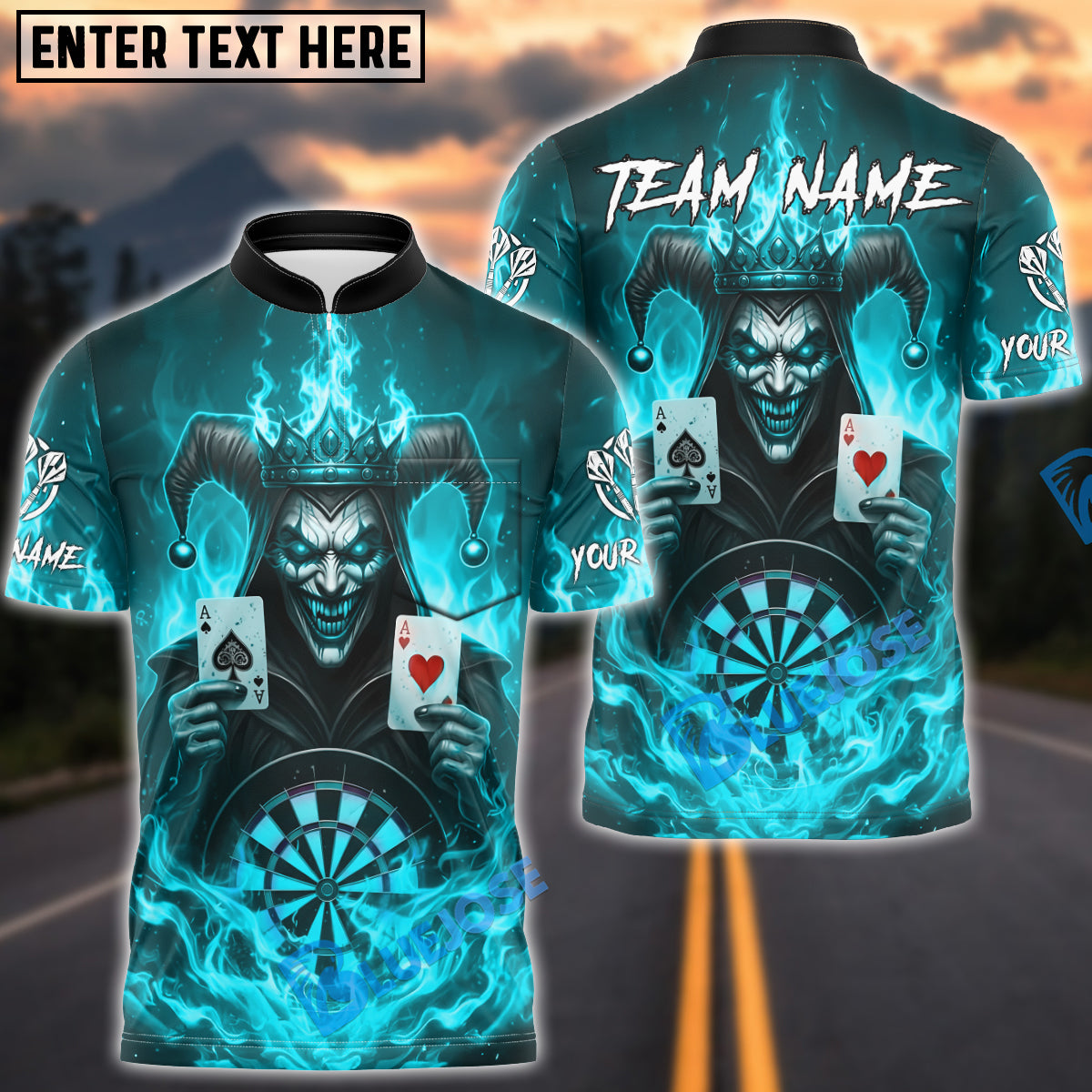 BlueJose Darts Evil Joker Fire Cards Customized Name, Team Name 3D Shirt (4 Colors)
