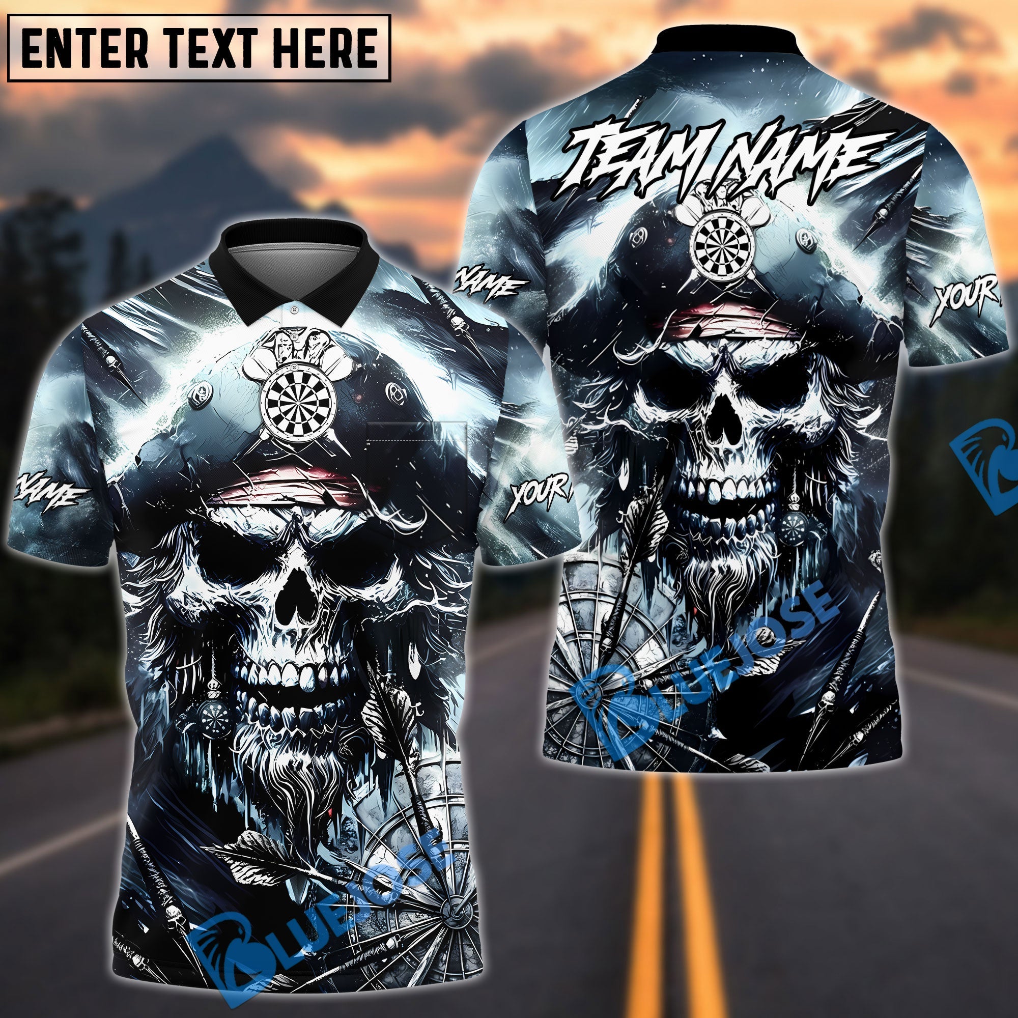 BlueJose Darts Pirate Skull Storm Design Personalized Name, Team Name Unisex Shirt (4 Colors)