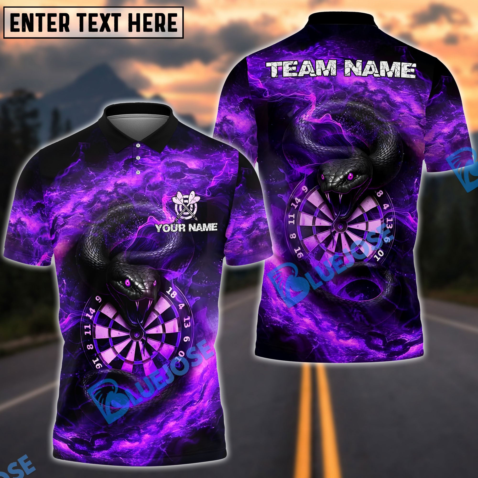 BlueJose Darts Black Snake Fire Flame Customized Name, Team Name 3D Shirt (4 Colors)