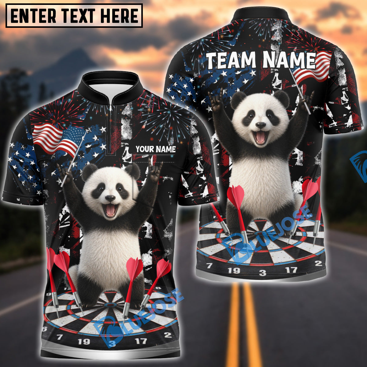 BlueJose Darts Patriotic Cute Panda Dartboard Fireworks American Flag Personalized Name Shirt