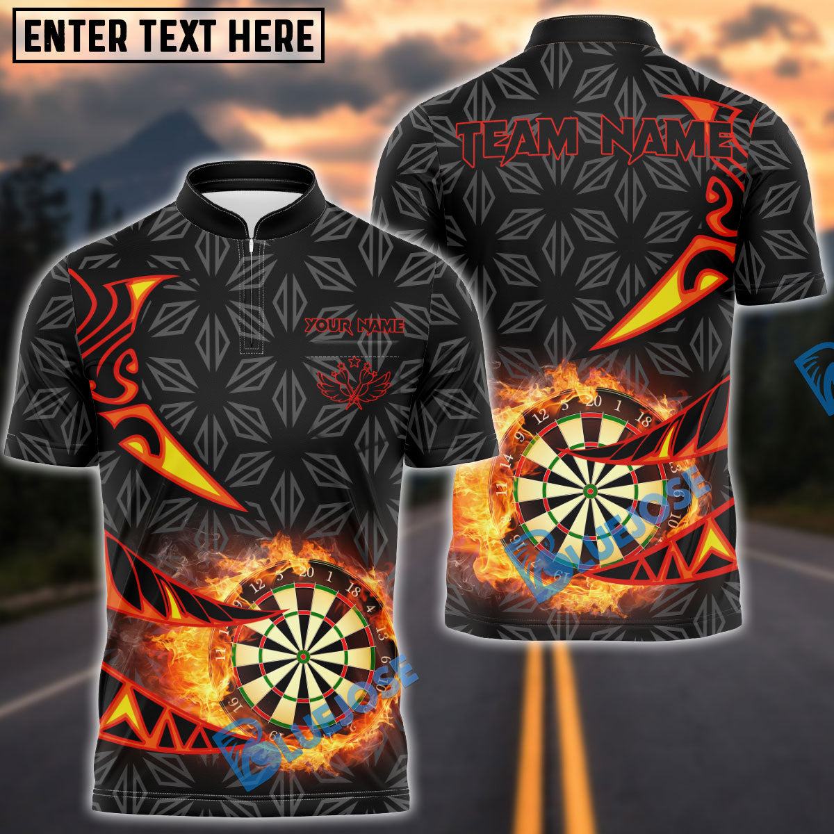 BlueJose Darts Flaming Dartboard Tribal Arrows Personalized Name, Team Name Shirt (4 Colors)