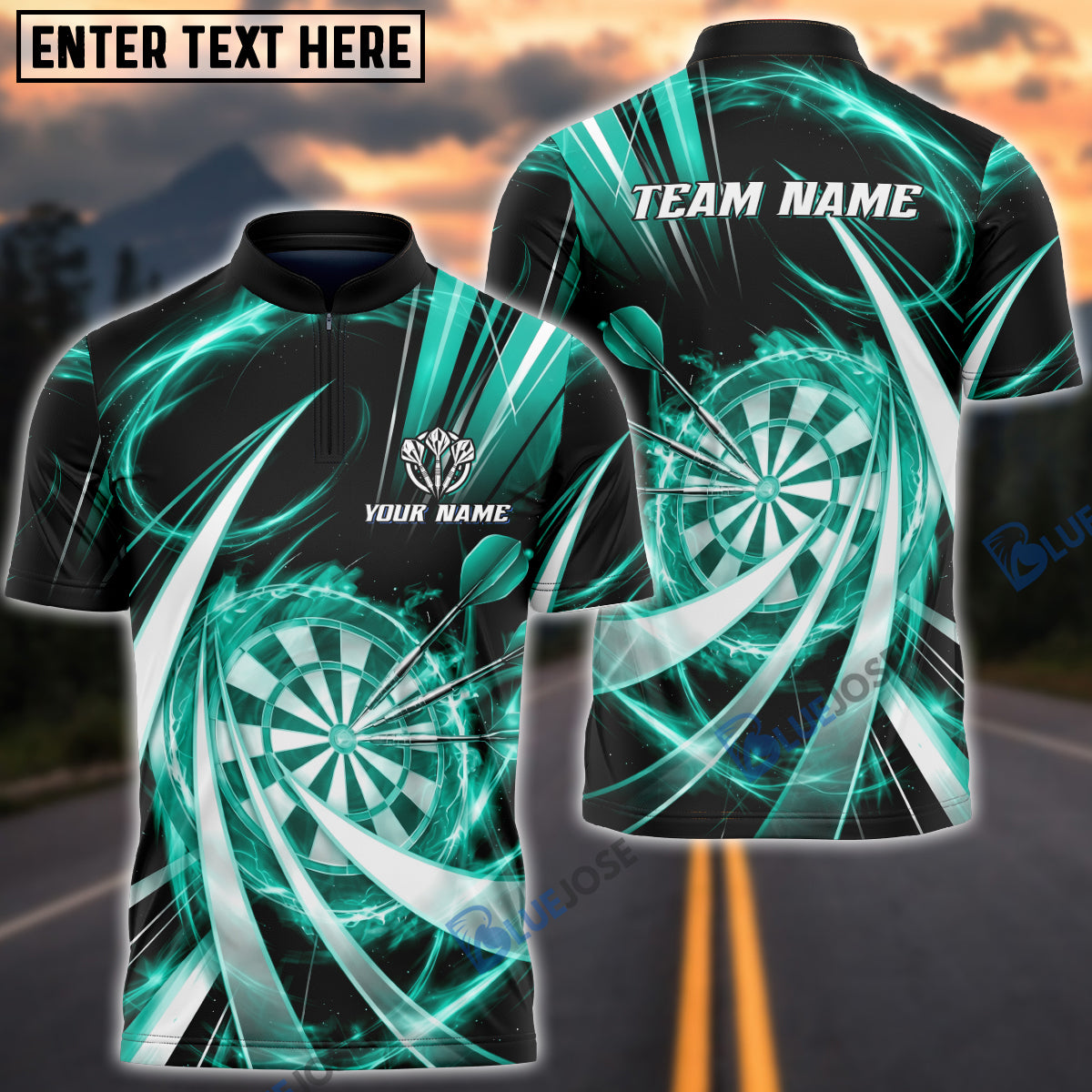 BlueJose Darts Flame Swirl Tornado Design Personalized Name, Team Name Unisex Shirt (4 Colors)