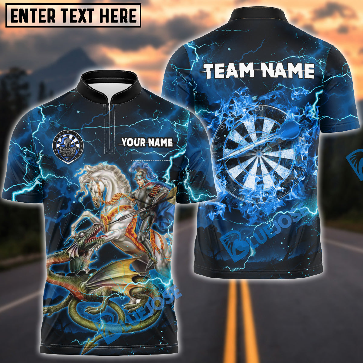 BlueJose Darts Knight Slaying Dragon Multicolor Options Personalized Name Shirt (4 Colors)