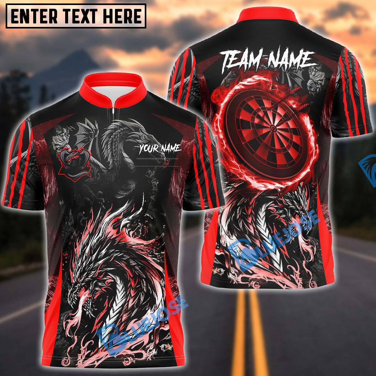 BlueJose Darts Angry Dragon Multicolor Options Personalized Name Pocket Shirt (4 Colors)