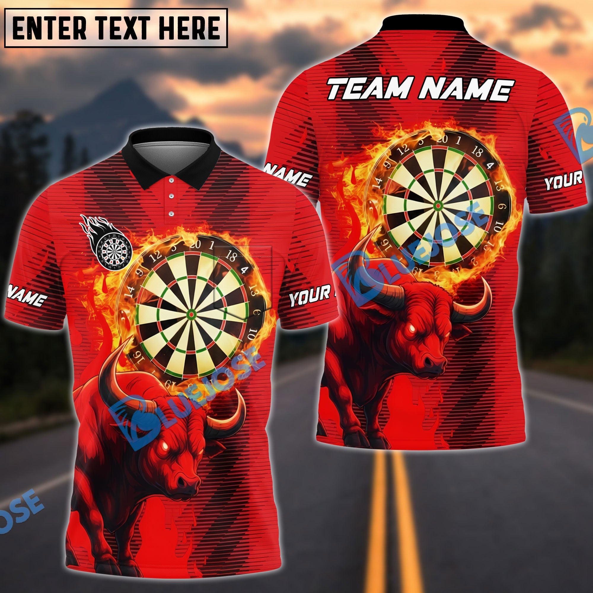 BlueJose Darts Inferno Bull Personalized Name, Team Name Unisex Shirt (4 Colors)