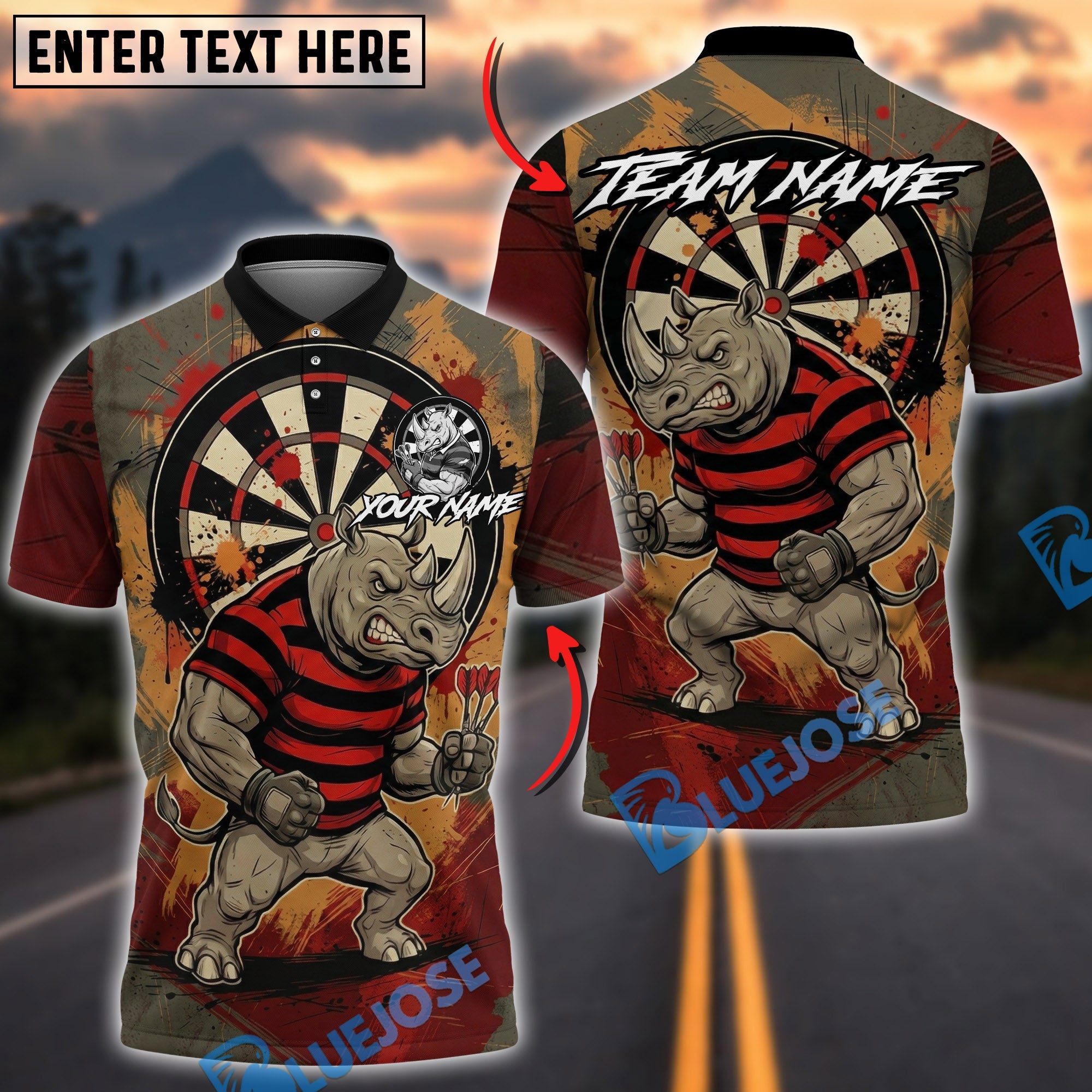 BlueJose Darts Rhino Grunge Street Art Multicolor Options Personalized Name Shirt (4 Colors)