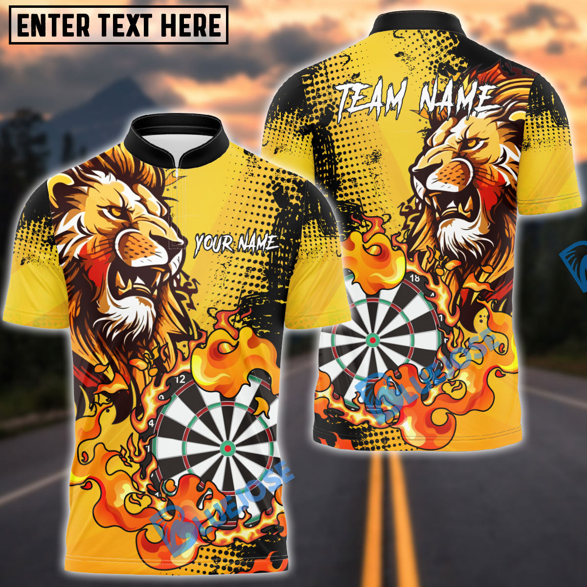 BlueJose Darts Flame Lion Personalized Name, Team Name Pocket Shirt (4 Colors)