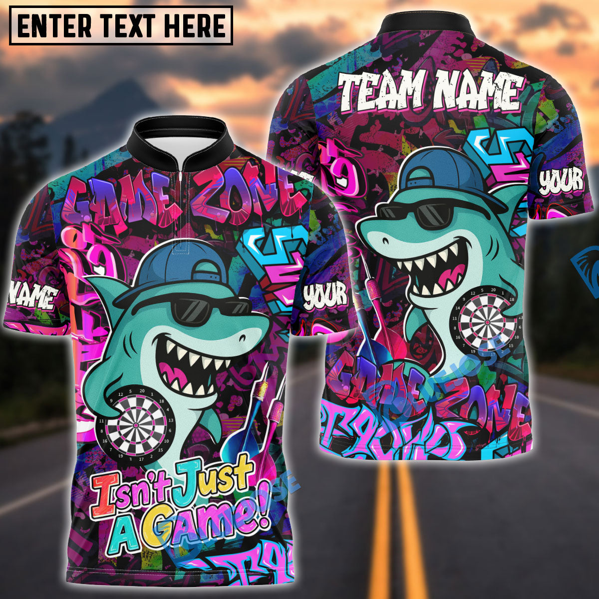 BlueJose Darts Cool Shark Graffiti Style Multicolor Options Personalized Name Shirt (4 Colors)
