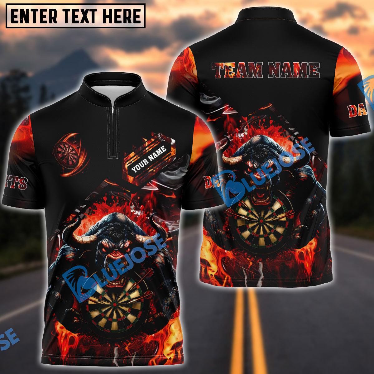 BlueJose Darts Fire Bull Arena Customized Name, Team Name 3D Shirt (4 Colors)