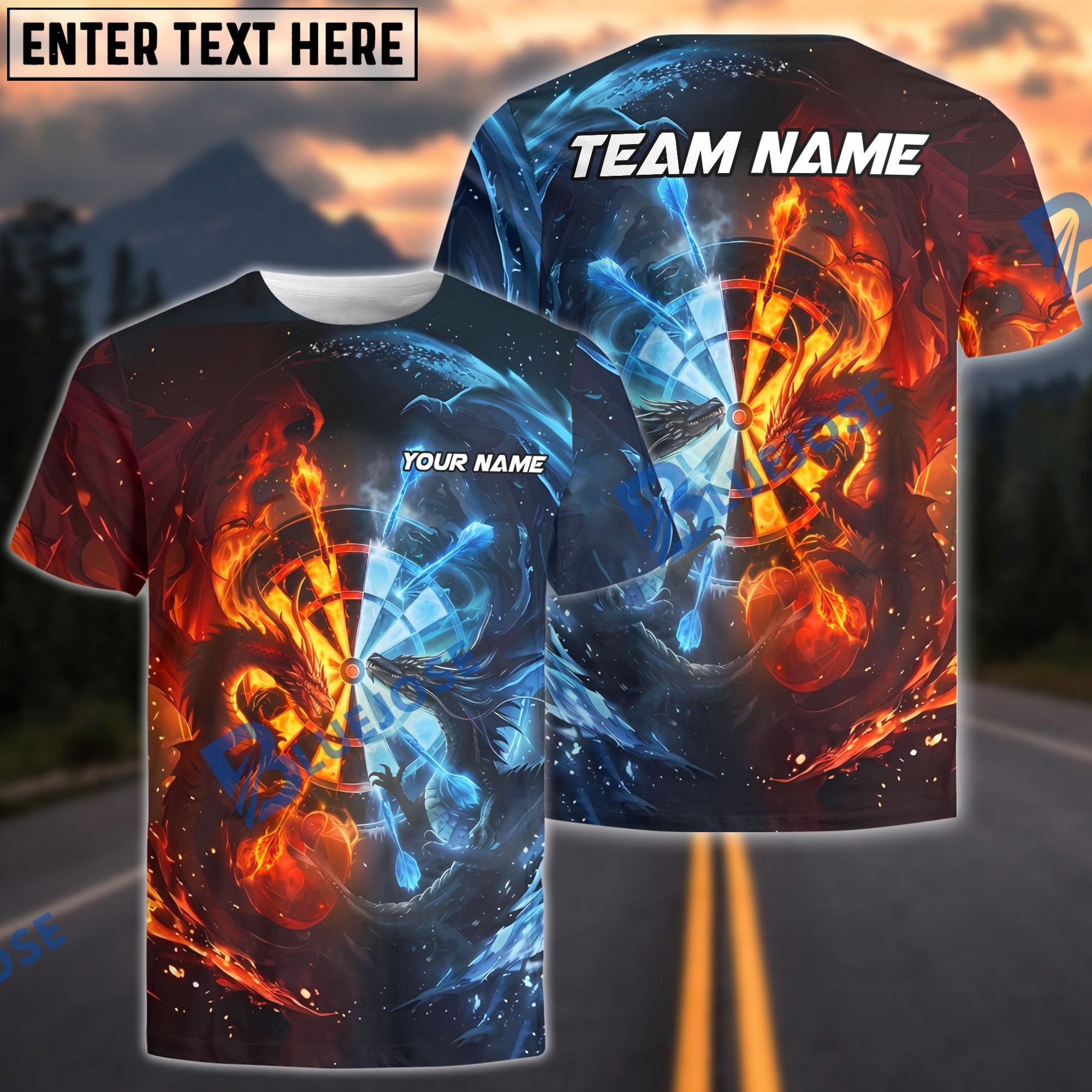 BlueJose Darts Mythical Dragon Battle Fire Against Ice Elements Personalized Name Shirt
