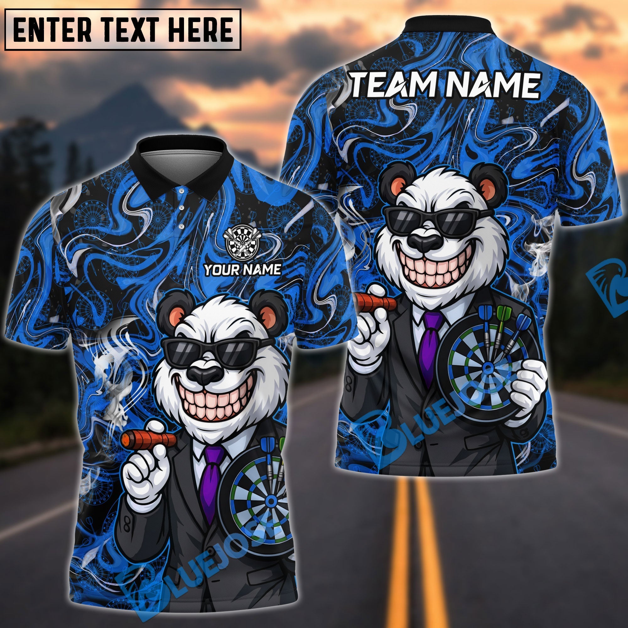 BlueJose Darts Cool Panda Suit Dartboard Design Personalized Name, Team Name Unisex Shirt (4 Colors)