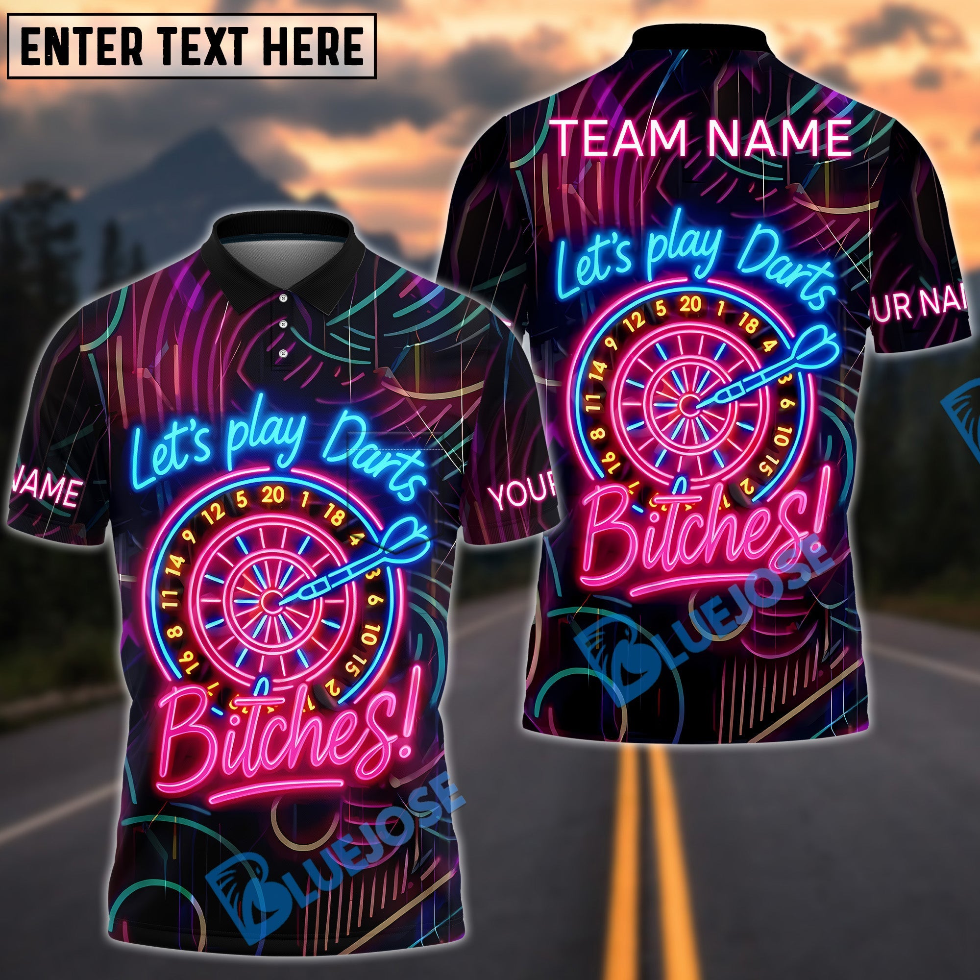 BlueJose Darts Let‚Äôs Play Darts Neon Attitude Style Personalized Name, Team Name Shirt