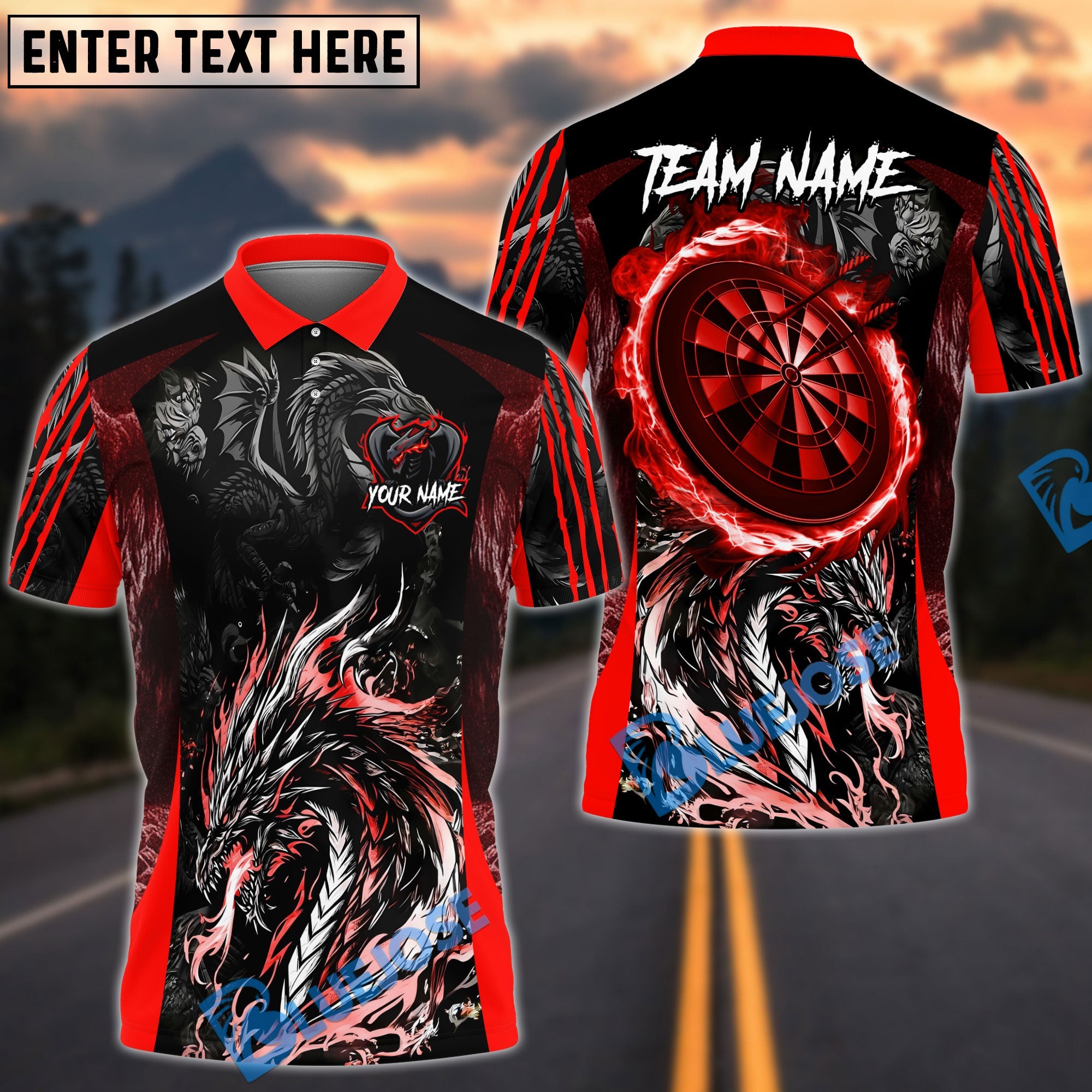 BlueJose Darts Angry Dragon Multicolor Options Personalized Name Pocket Shirt (4 Colors)