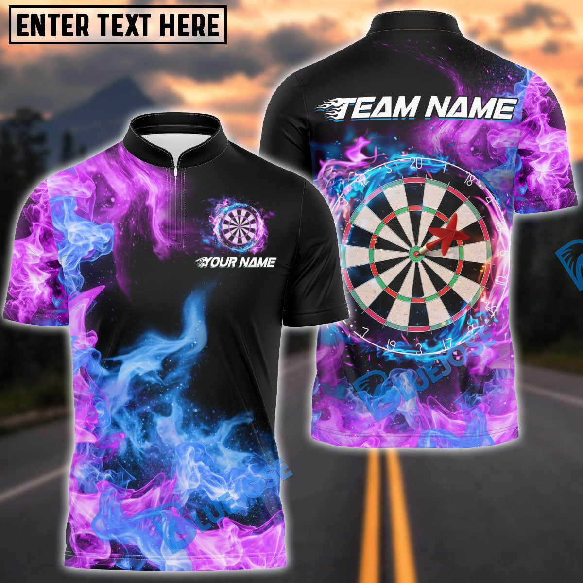 BlueJose Darts Double Fire Personalized Name, Team Name Shirt (4 colors)