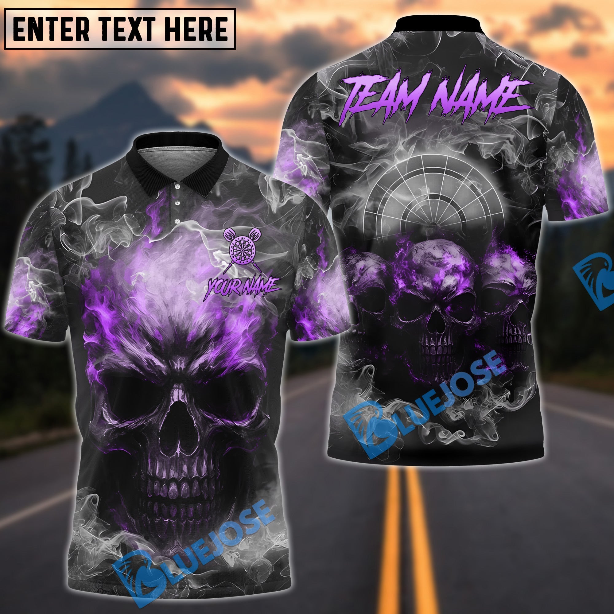 BlueJose Darts Smoke Triple Skulls Customized Name, Team Name 3D Shirt (4 Colors)