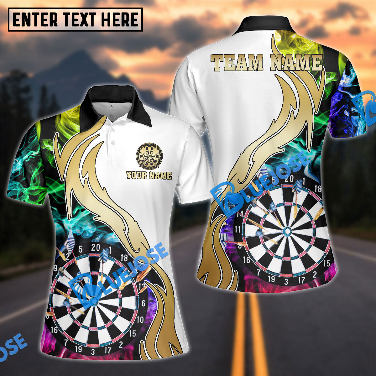 BlueJose Darts White Multicolor Golden Smoke Pattern Personalized Name Shirt