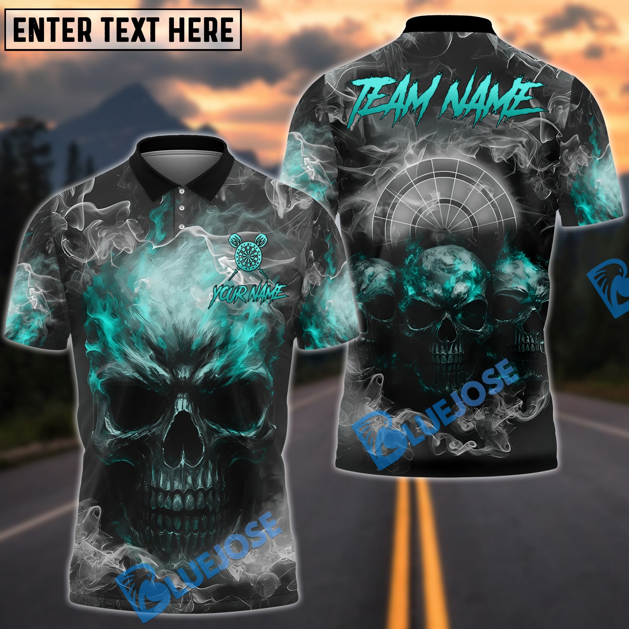 BlueJose Darts Smoke Triple Skulls Customized Name, Team Name 3D Shirt (4 Colors)