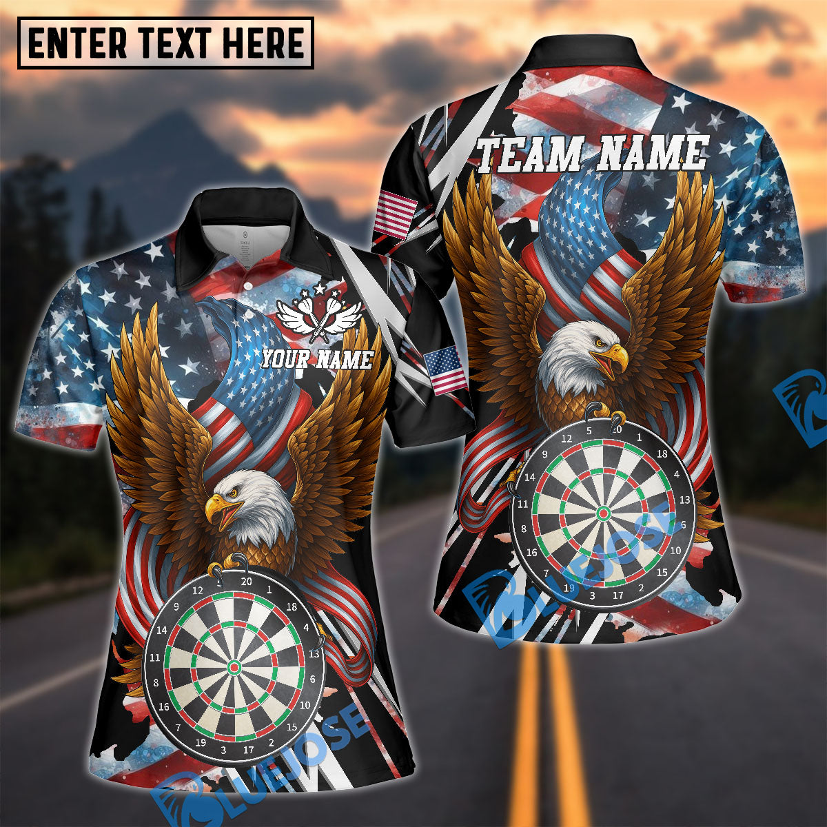 BlueJose Darts American Eagle Patriotic USA Flag Dartboard Champion Design Personalized Name Shirt