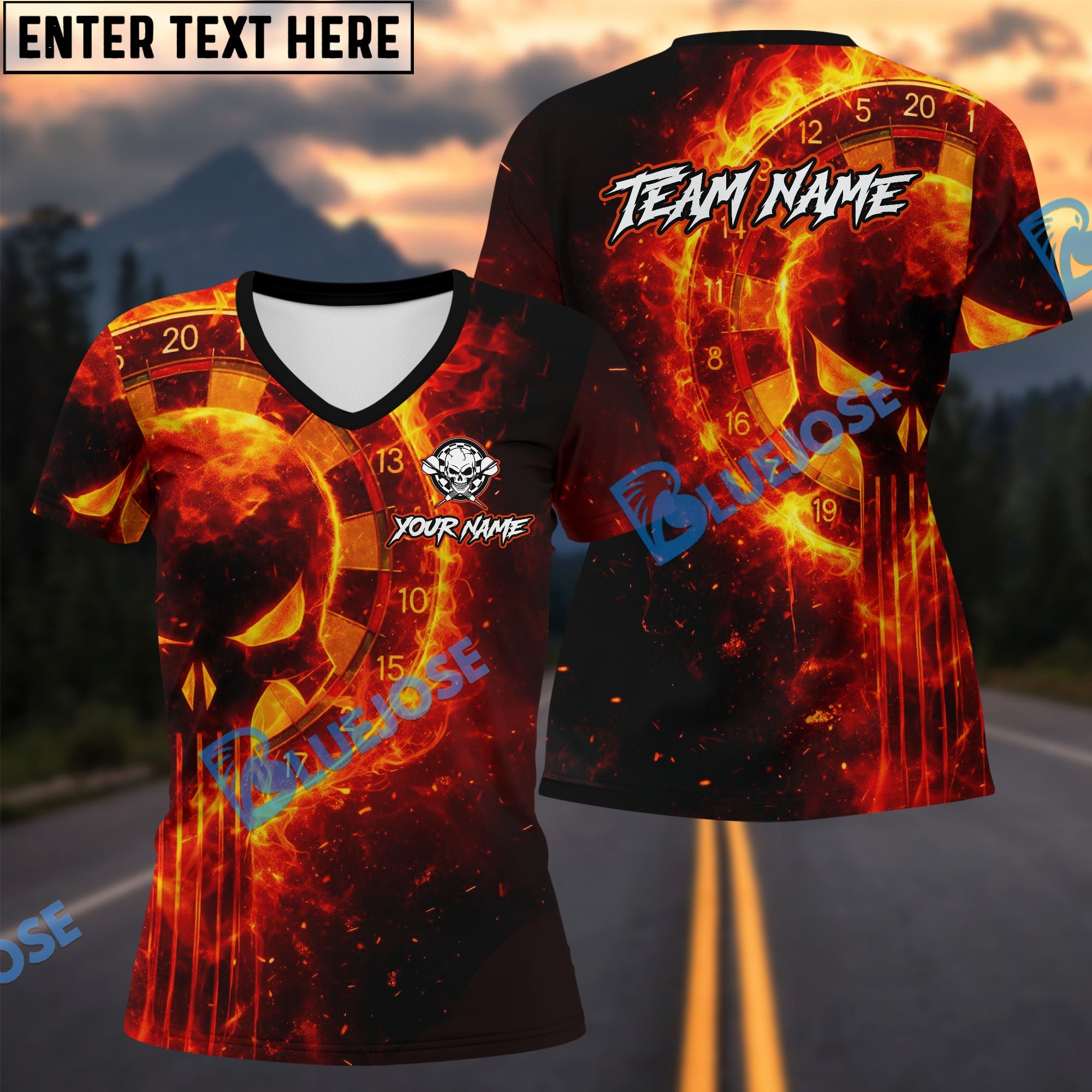 BlueJose Darts Flaming Punisher Skull Dartboard Multicolor Options Personalized Name Shirt (4 Colors)