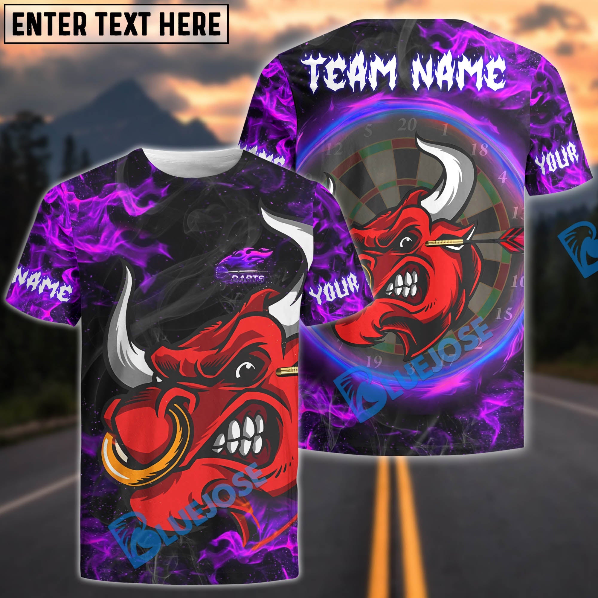 BlueJose Darts Fire Bull Customized Name, Team Name 3D Shirt (4 Colors)