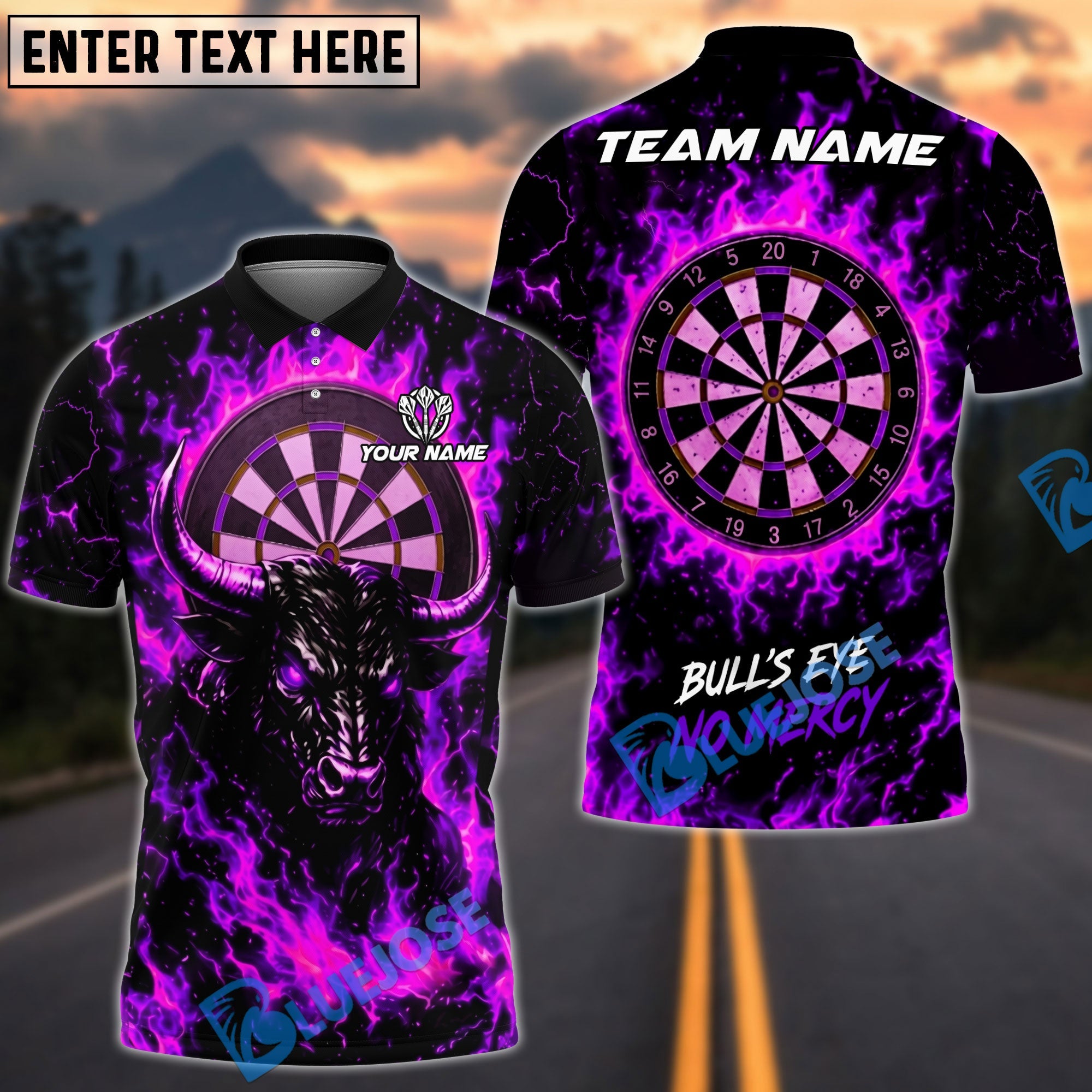 BlueJose Darts Flaming Bull Power Design Personalized Name, Team Name Unisex Shirt (4 Colors)