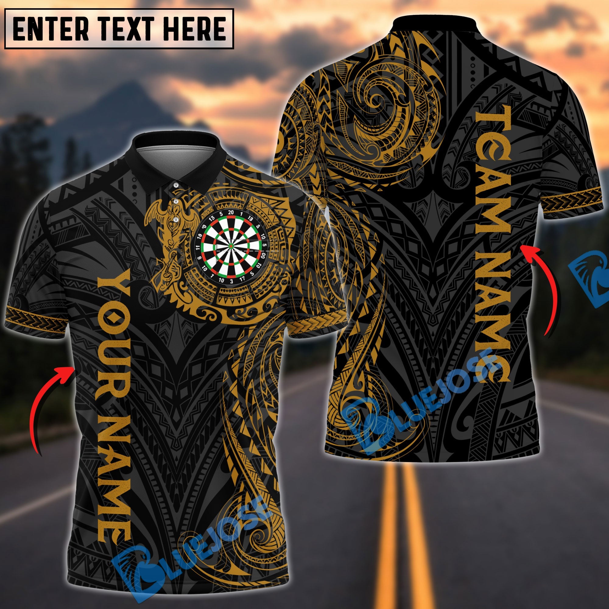 BlueJose Darts Tribal Maori Dragon Multicolor Options Personalized Name Shirt (6 Colors)