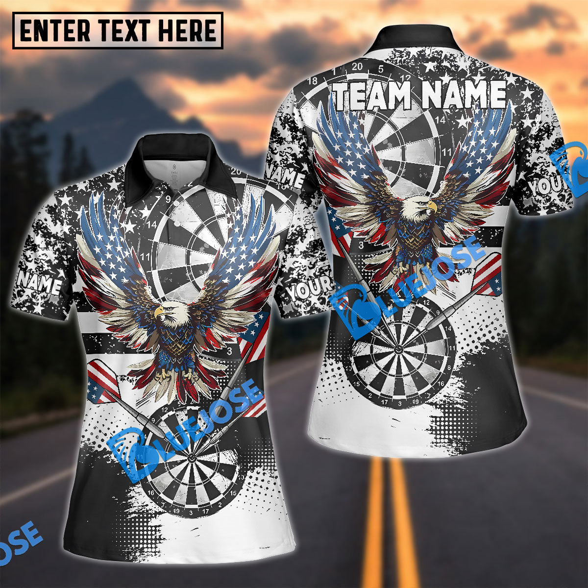 BlueJose Darts Grunge Eagle American Flag Black White Personalized Name, Team Name Shirt