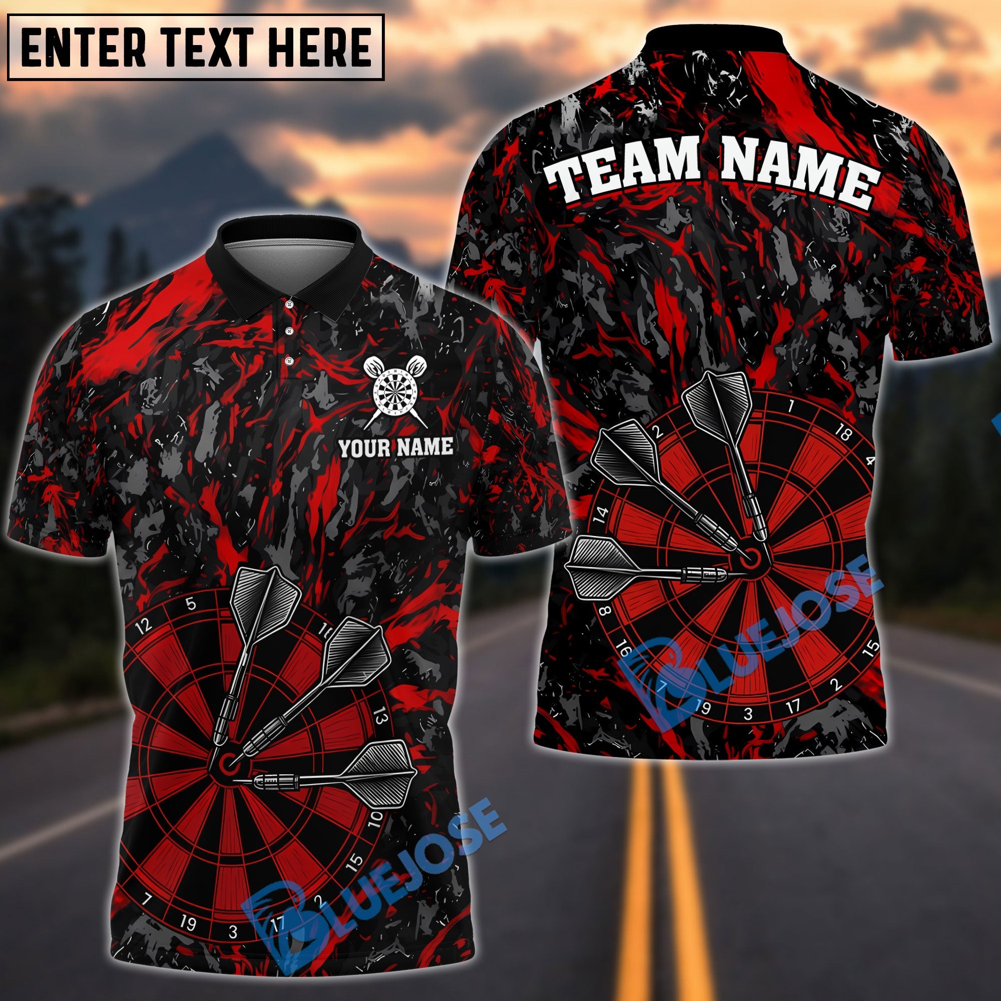 BlueJose Darts Black Marble Target Bullseye Personalized Name, Team Name Shirt (4 Colors)