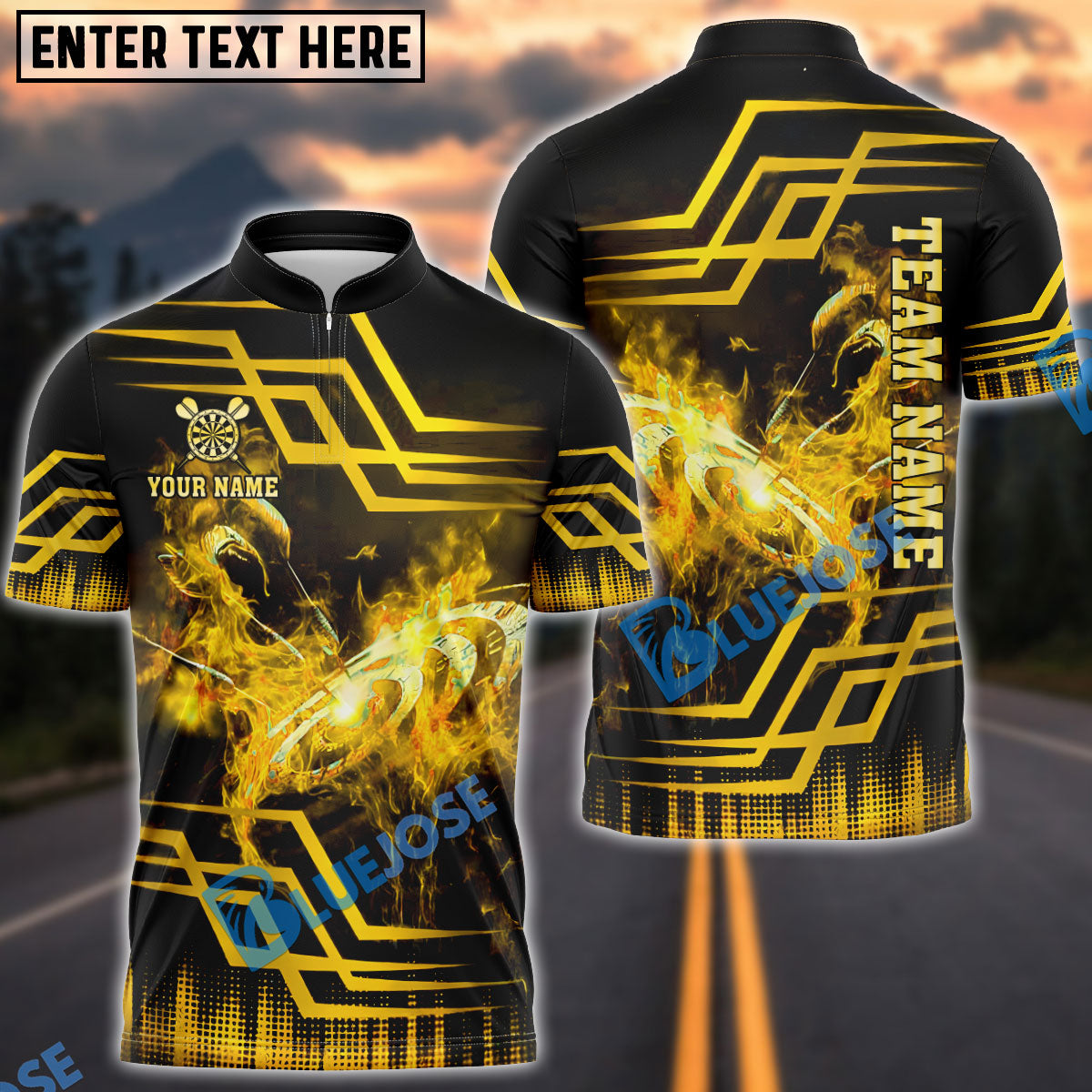 BlueJose Darts Flaming Dartboard Gold Geometric Customized Name, Team Name 3D Shirt (4 Colors)