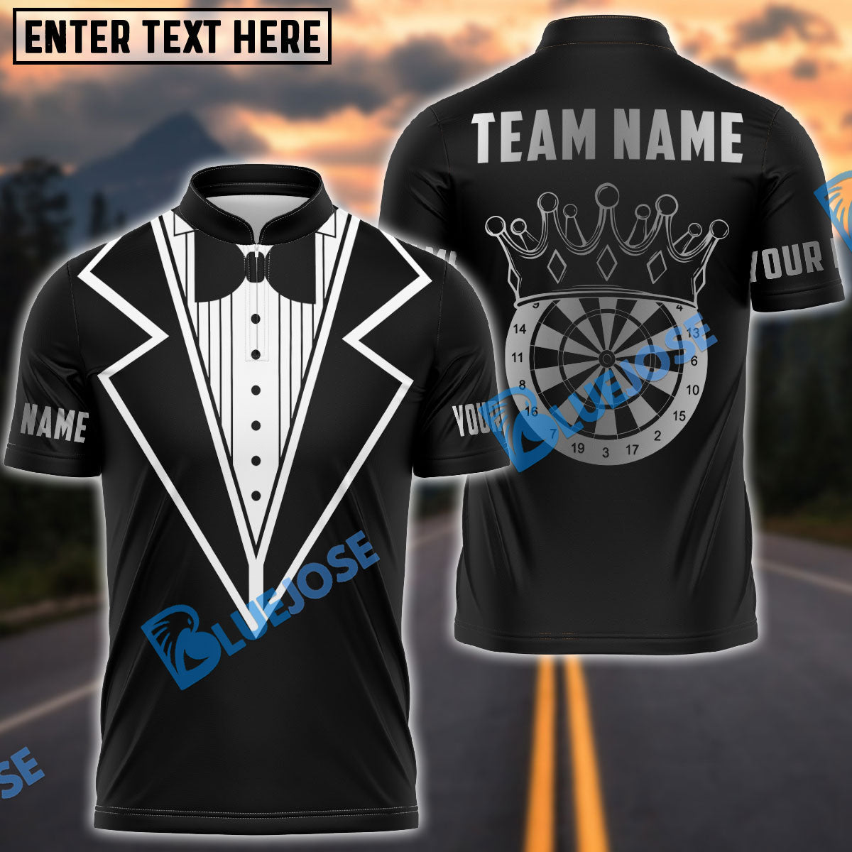 BlueJose Darts Tuxedo Crown Board Black Personalized Name Shirt