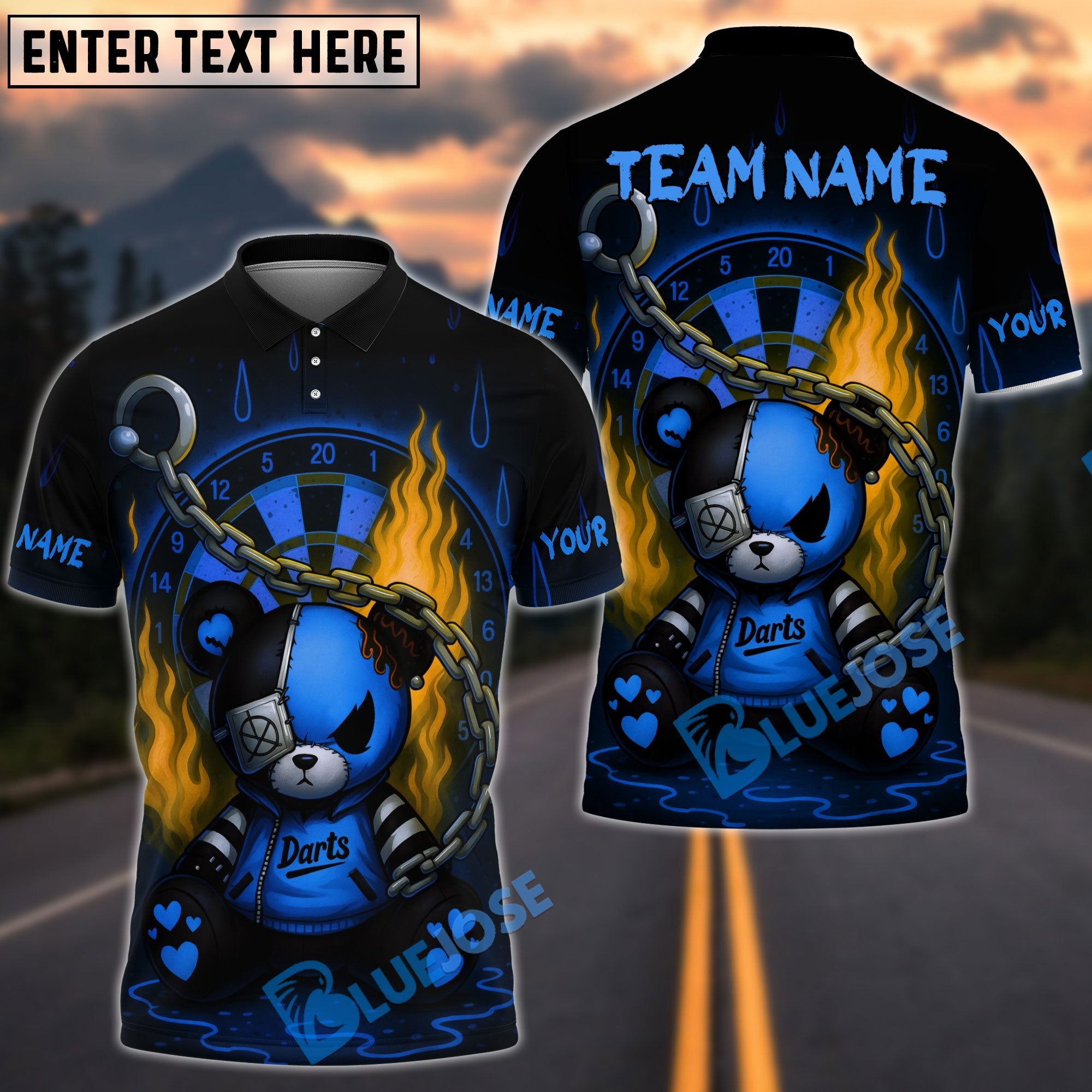 BlueJose Darts Teddy with Chains & Flames Personalized Name, Team Name Shirt (4 Colors)