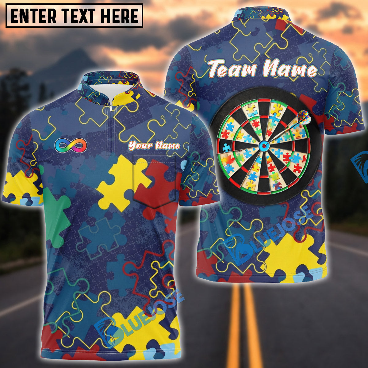 BlueJose Darts Autism Awareness Puzzle Dartboard Personalized Name Shirt