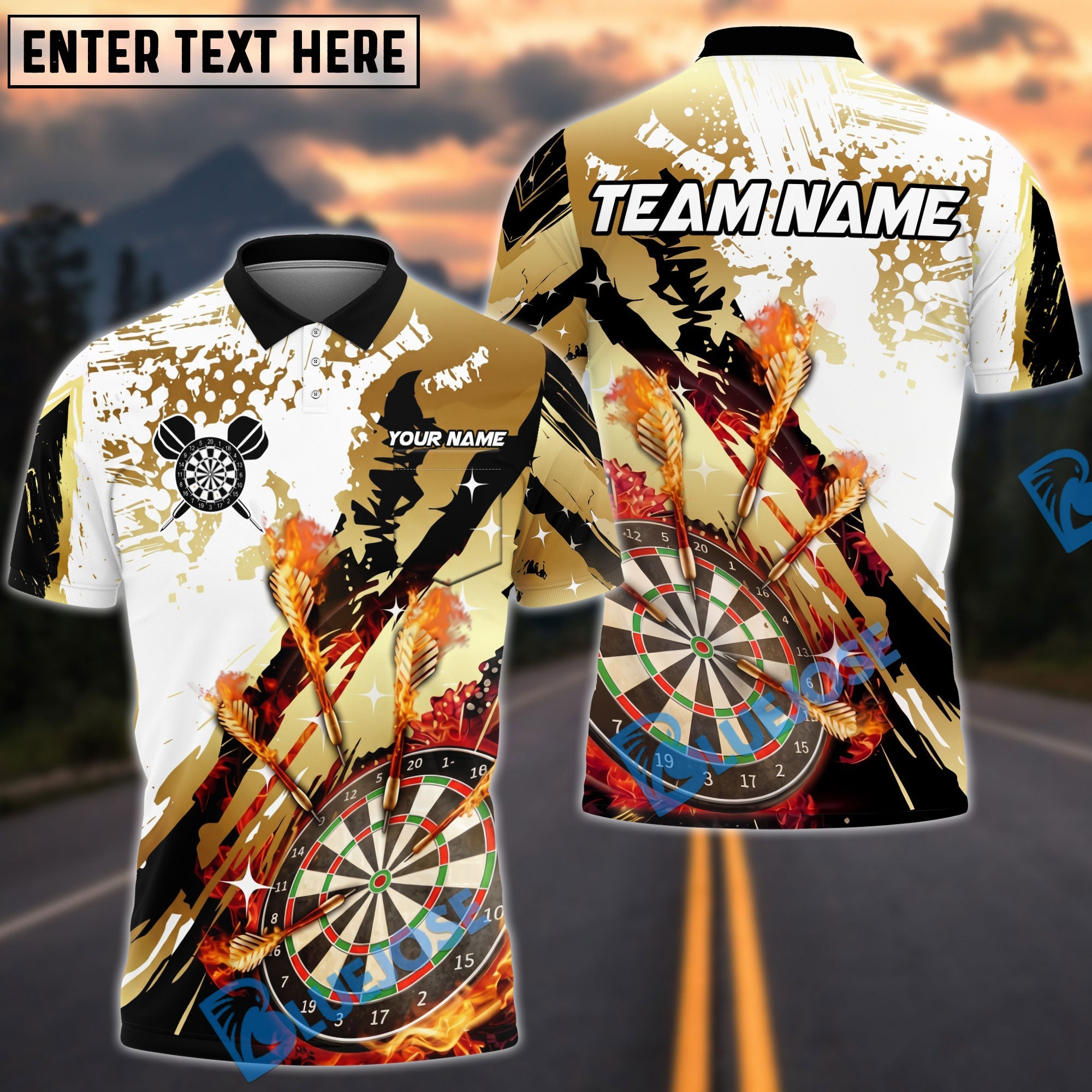 BlueJose Darts Dartboard Gold Fire Splash Personalized Name, Team Name Unisex Shirt (4 Colors)