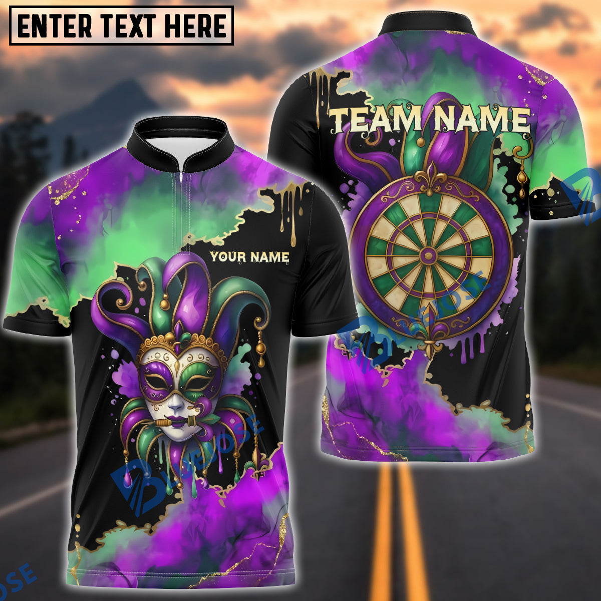 BlueJose Darts Mardi Gras Mask Personalized Name Shirt