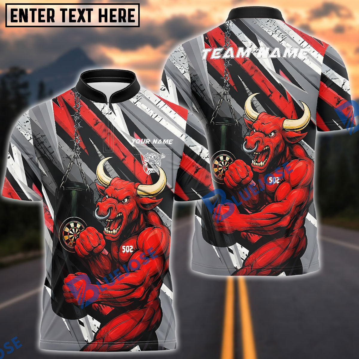 BlueJose Darts Red Bull Dartboard Fighter Strength Customized Name, Team Name 3D Shirt (4 Colors)