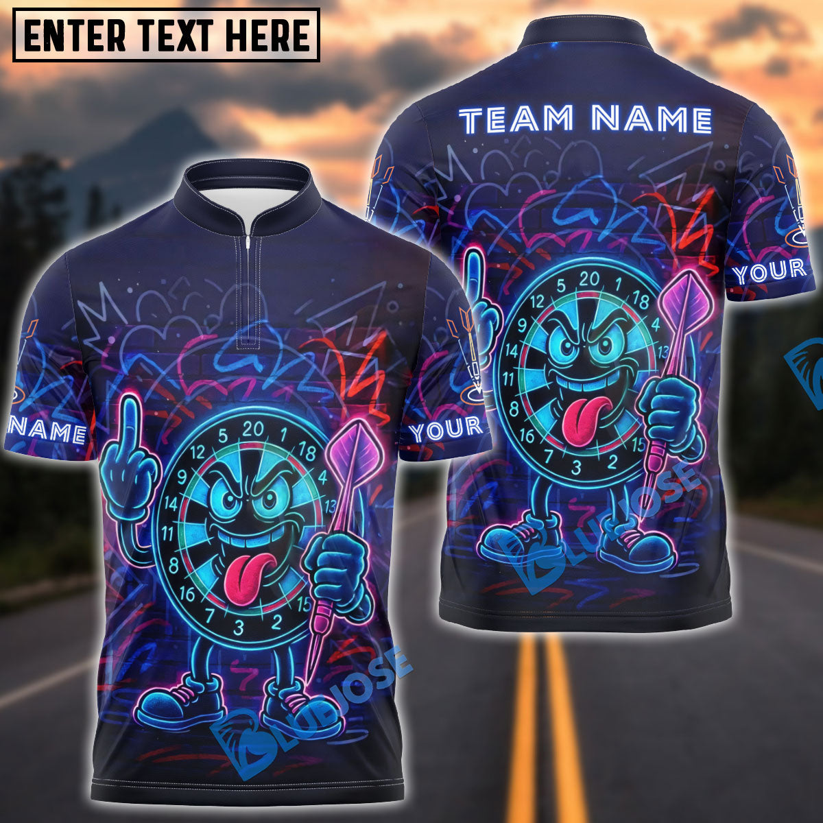 BlueJose Darts Angry Dartboard Neon Style Customized Name, Team Name 3D Shirt (4 Colors)