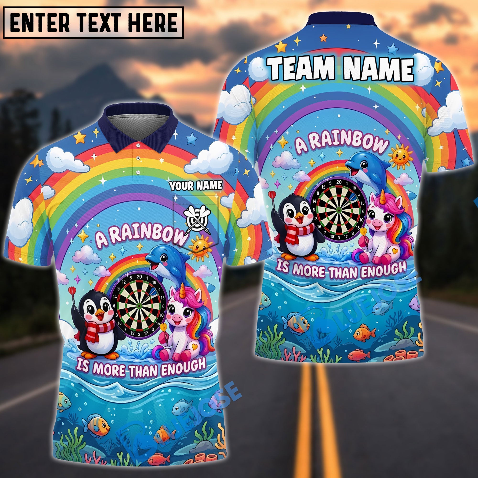 BlueJose Darts Cute Unicorn Penguin Dolphin Rainbow Fantasy Design Personalized Name Shirt