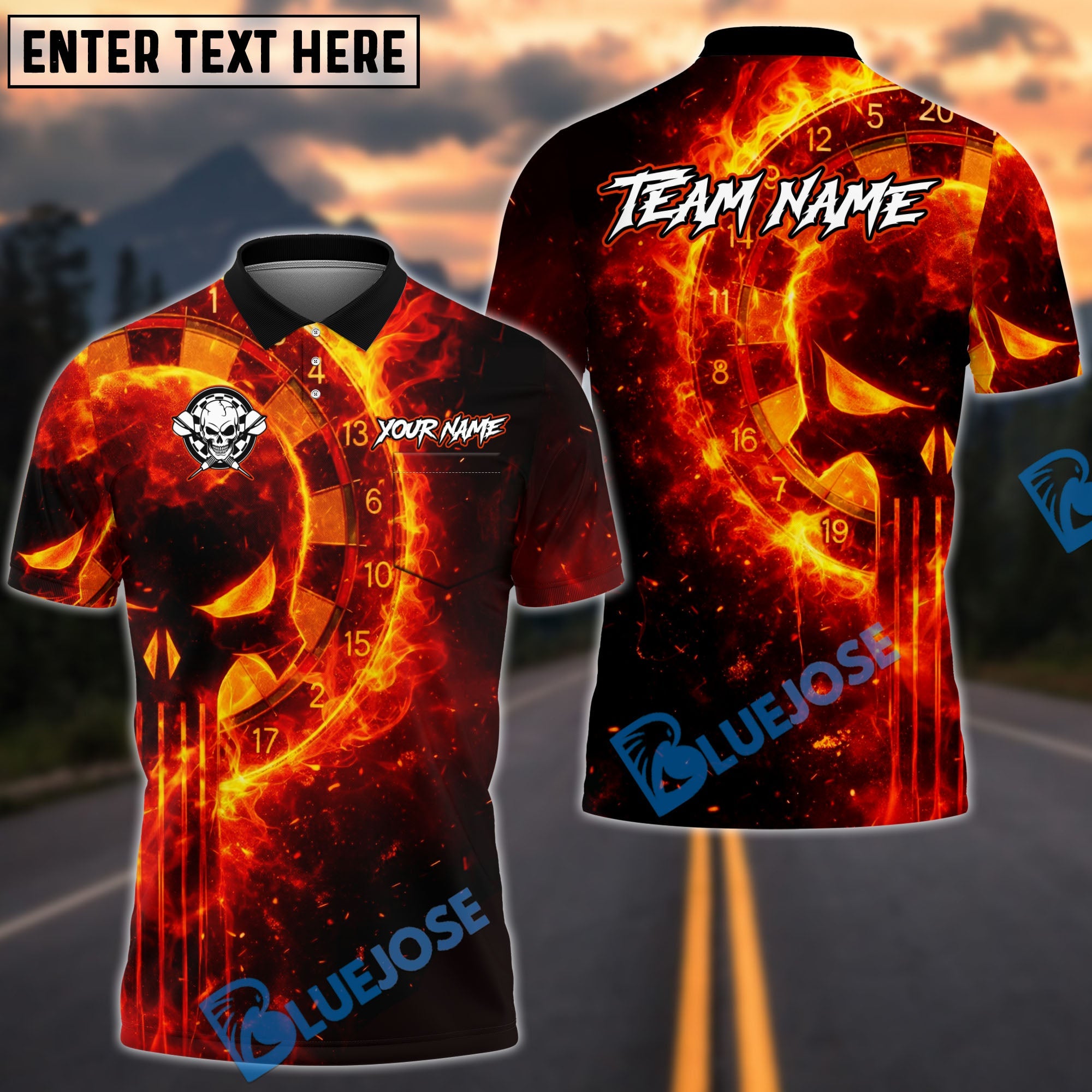 BlueJose Darts Flaming Punisher Skull Dartboard Multicolor Options Personalized Name Shirt (4 Colors)