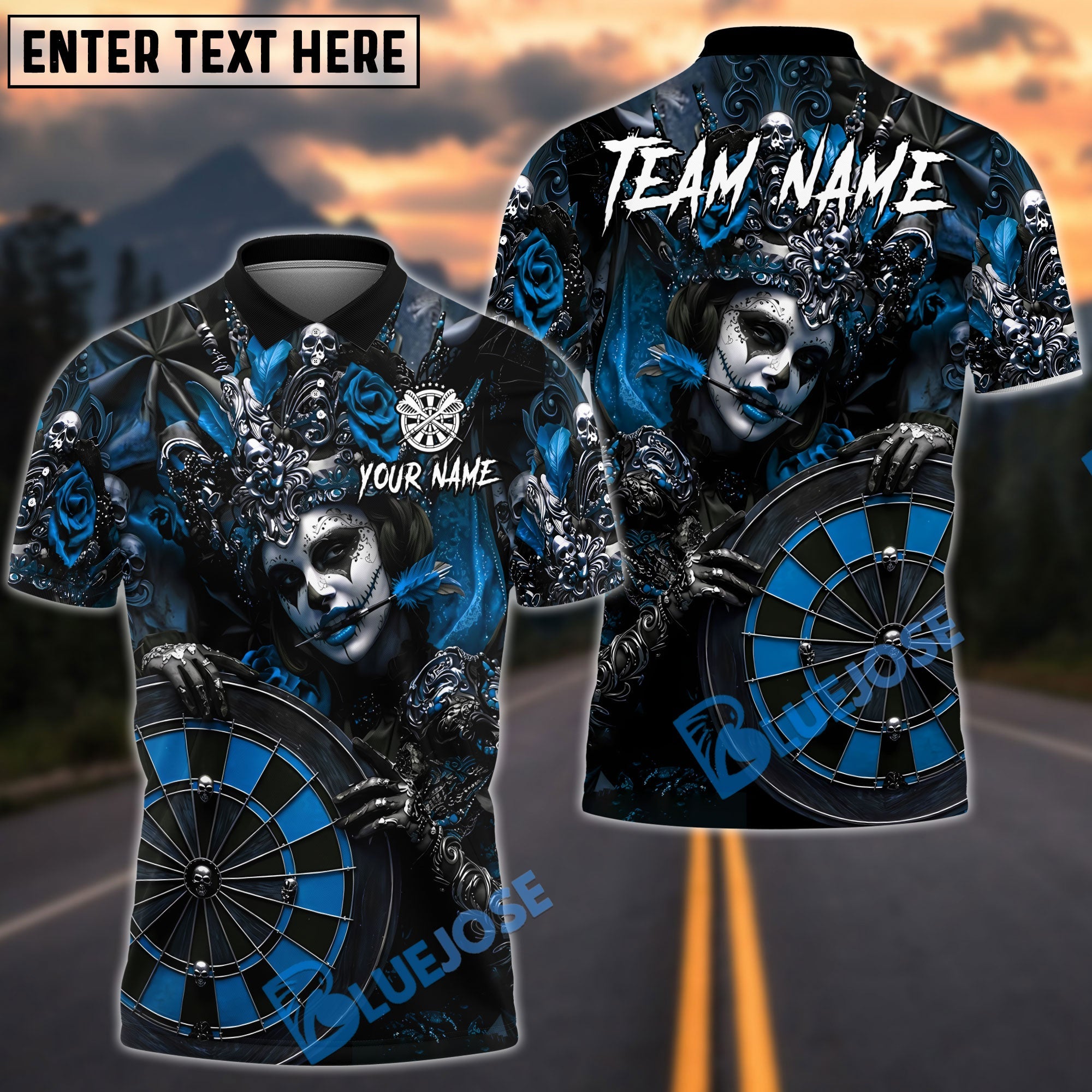 BlueJose Darts Gothic Queen Mask Roulette Dark Art Personalized Name, Team Name Unisex Shirt (4 Colors)