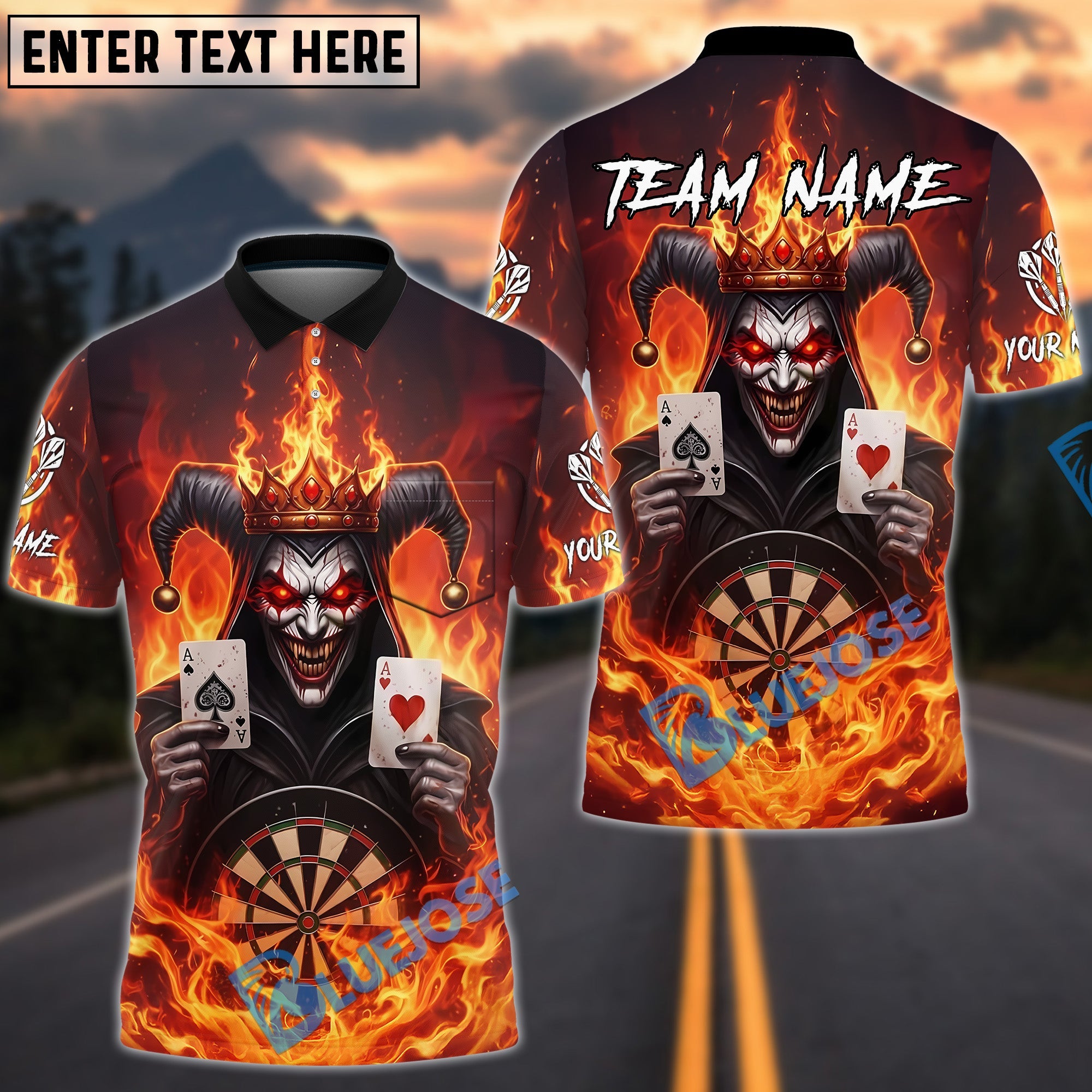 BlueJose Darts Evil Joker Fire Cards Customized Name, Team Name 3D Shirt (4 Colors)