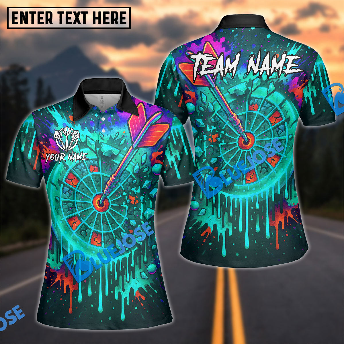 BlueJose Darts Neon Graffiti Dartboard Splash Personalized Name, Team Name Unisex Shirt (4 Colors)