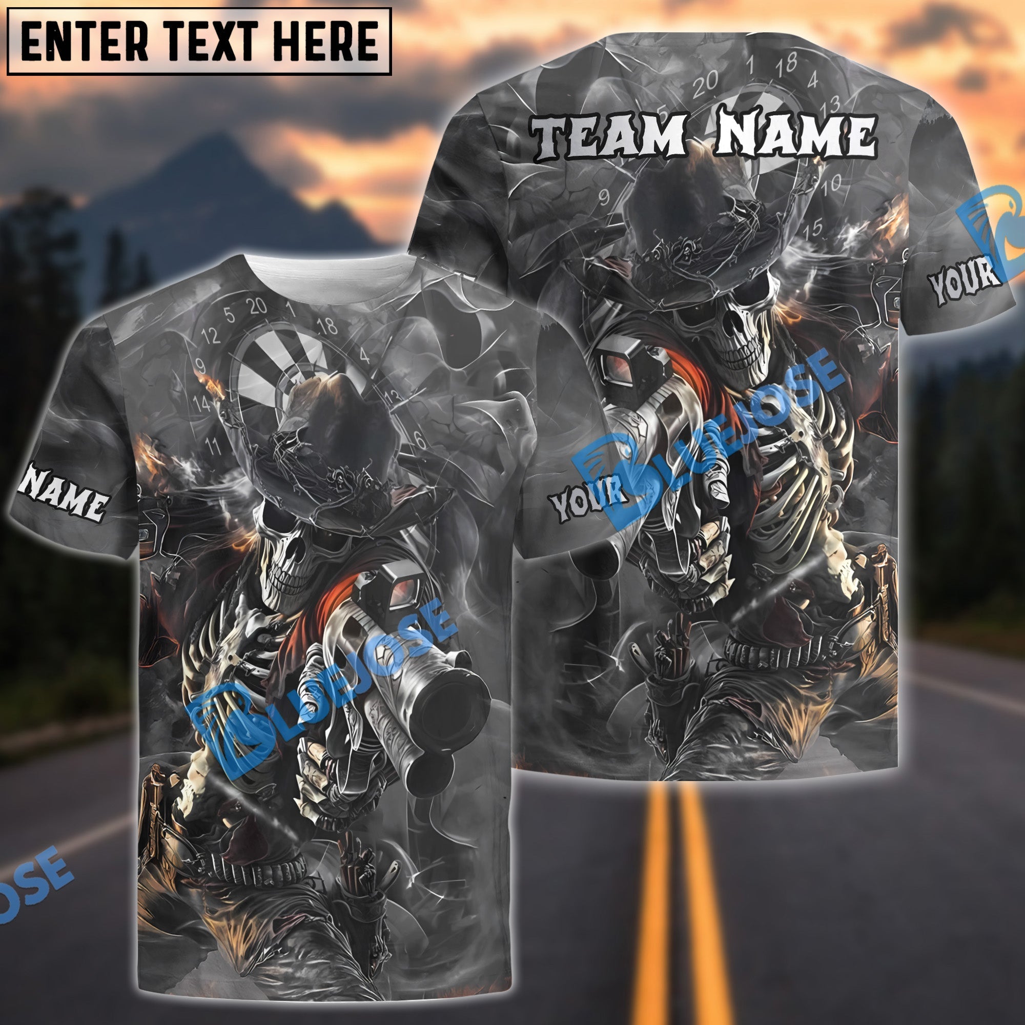 BlueJose Darts Skeleton Gunslinger Customized Name, Team Name 3D Shirt (4 Colors)