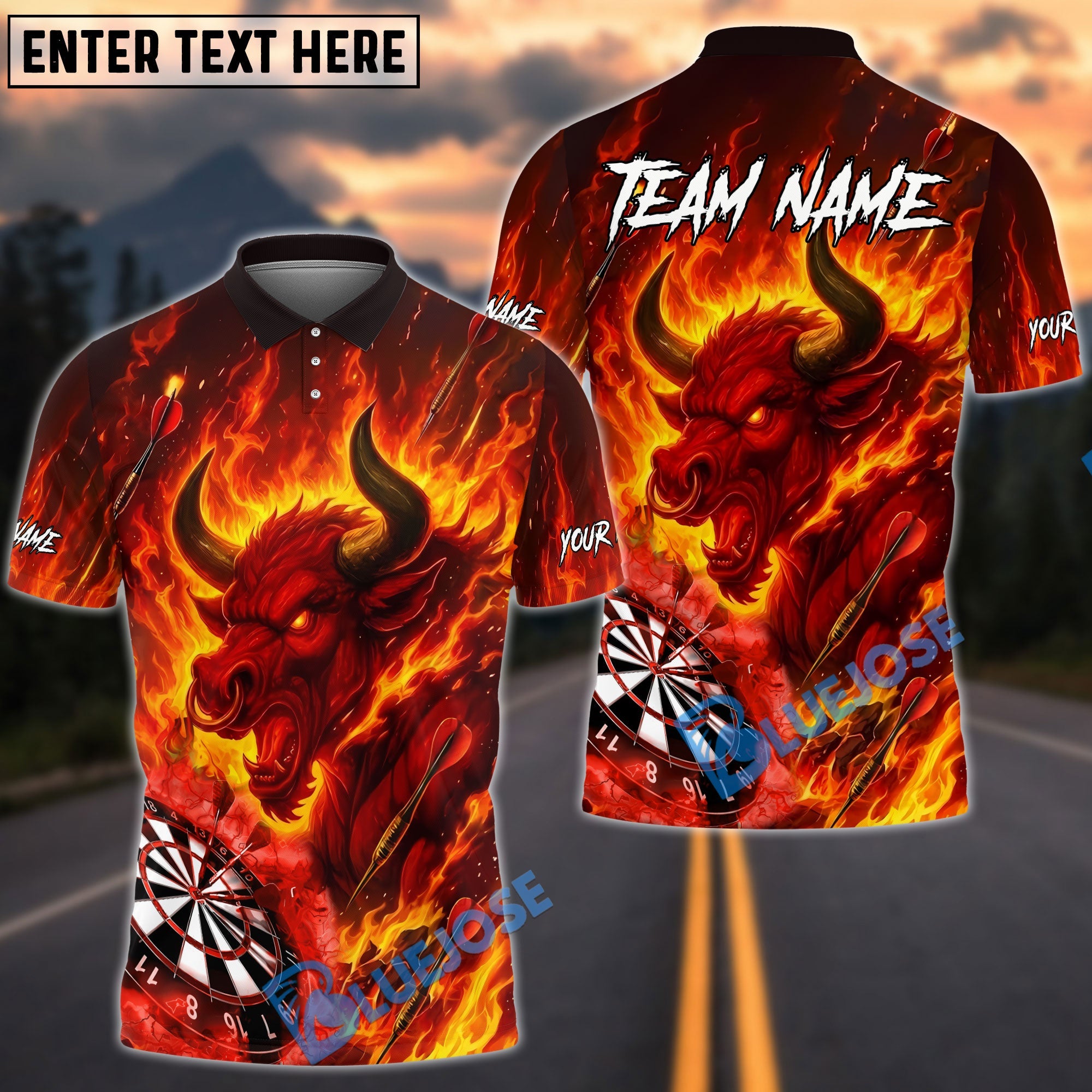 BlueJose Darts Bull Fire Flame Customized Name, Team Name 3D Shirt (4 Colors)