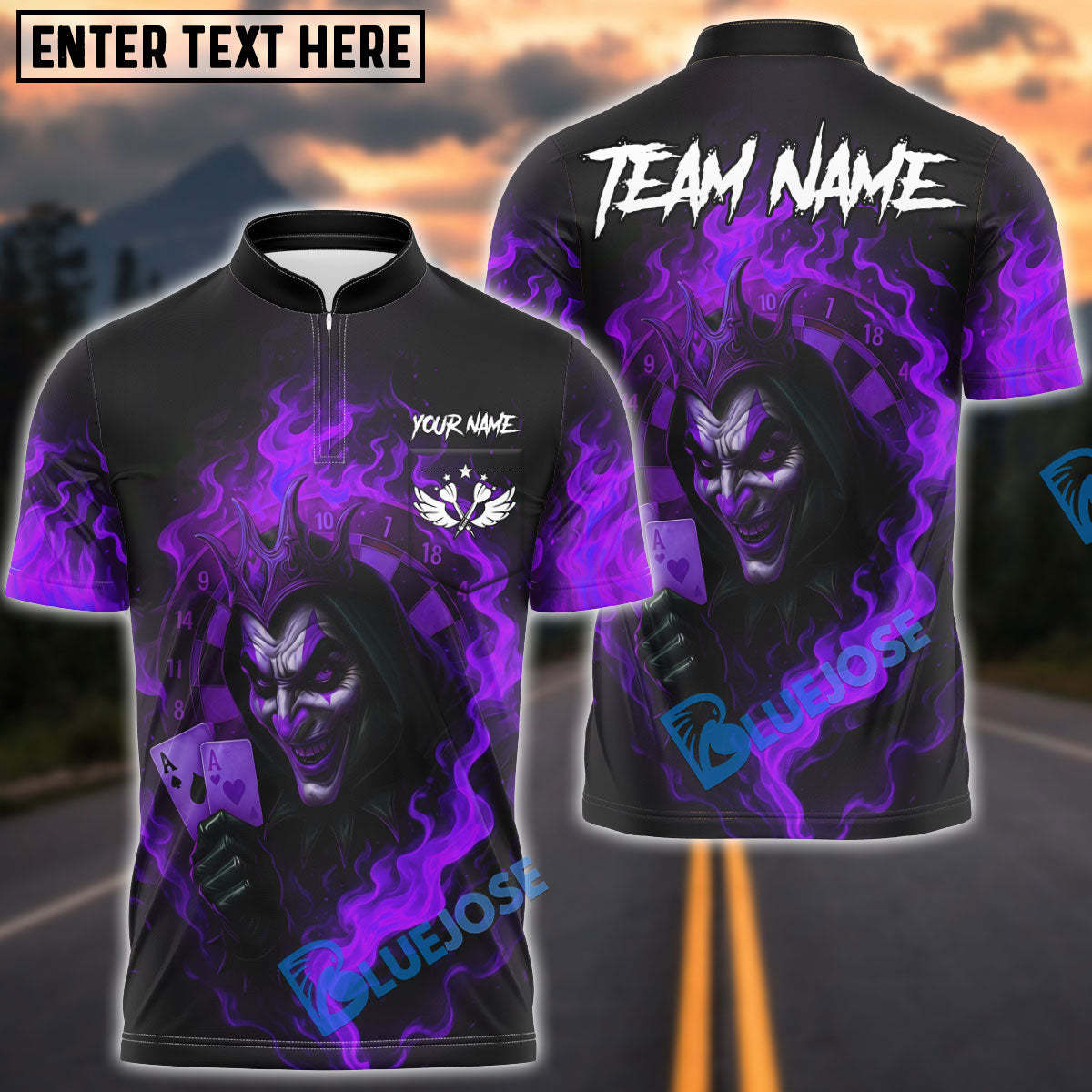 BlueJose Darts Fiery Joker Card Personalized Name, Team Name Shirt (4 Colors)