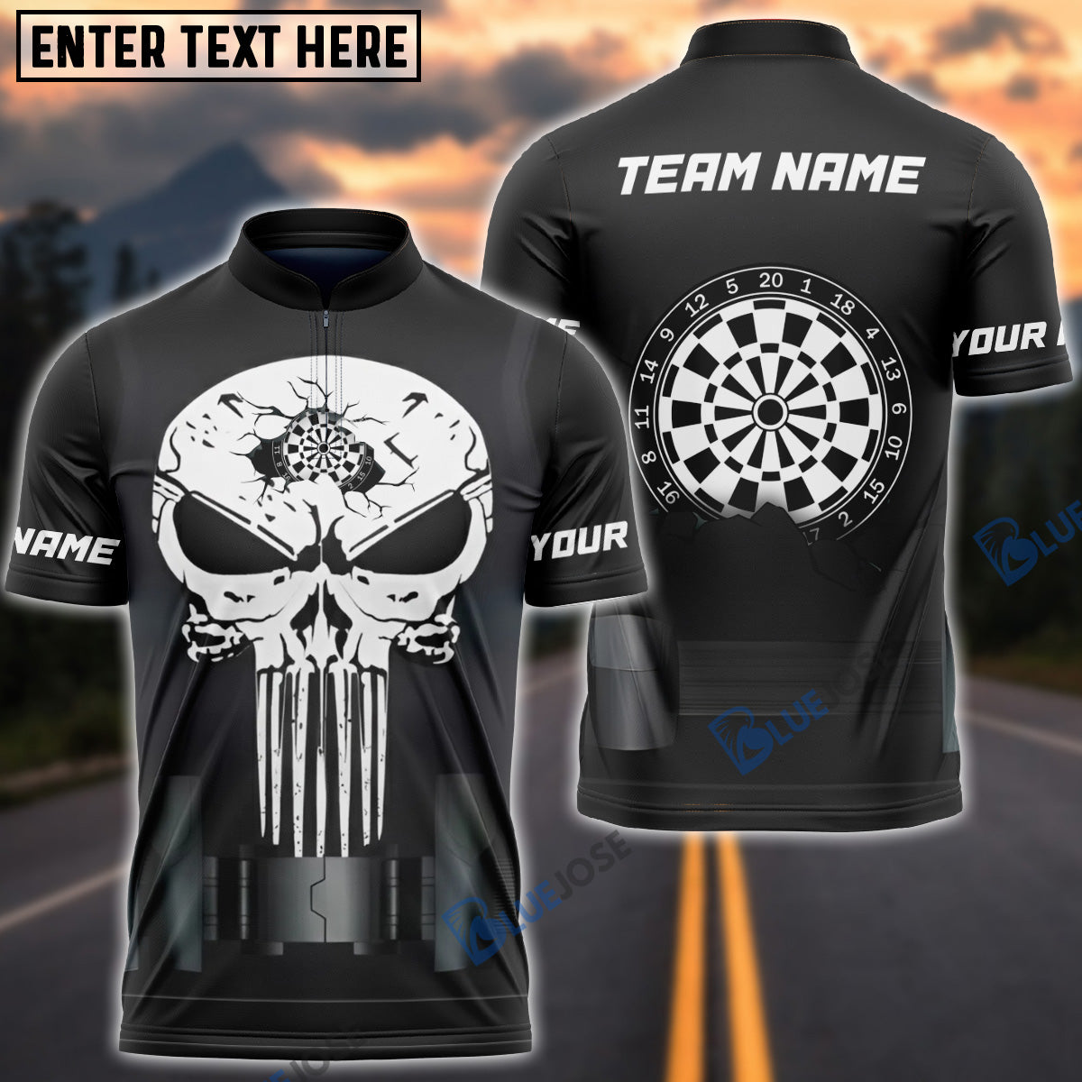 BlueJose Darts Punisher Skull Cracked Design Personalized Name Shirt