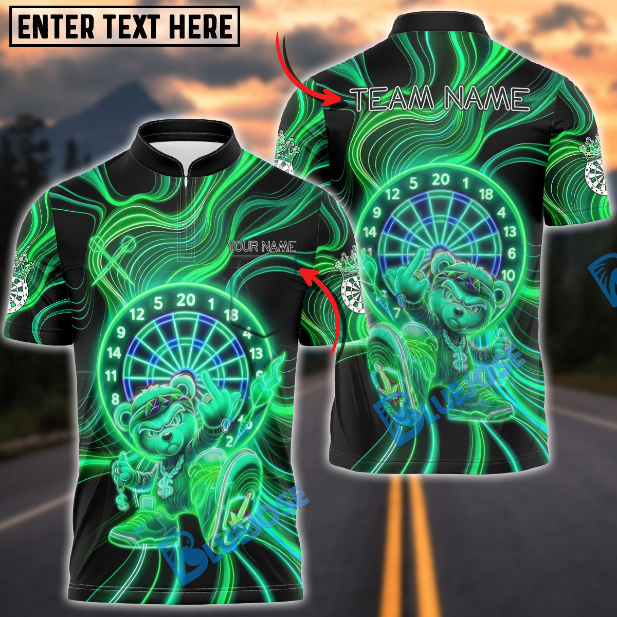 BlueJose Darts Neon Bear Dartboard Kick Pose Multicolor Options Personalized Name Shirt (4 Colors)