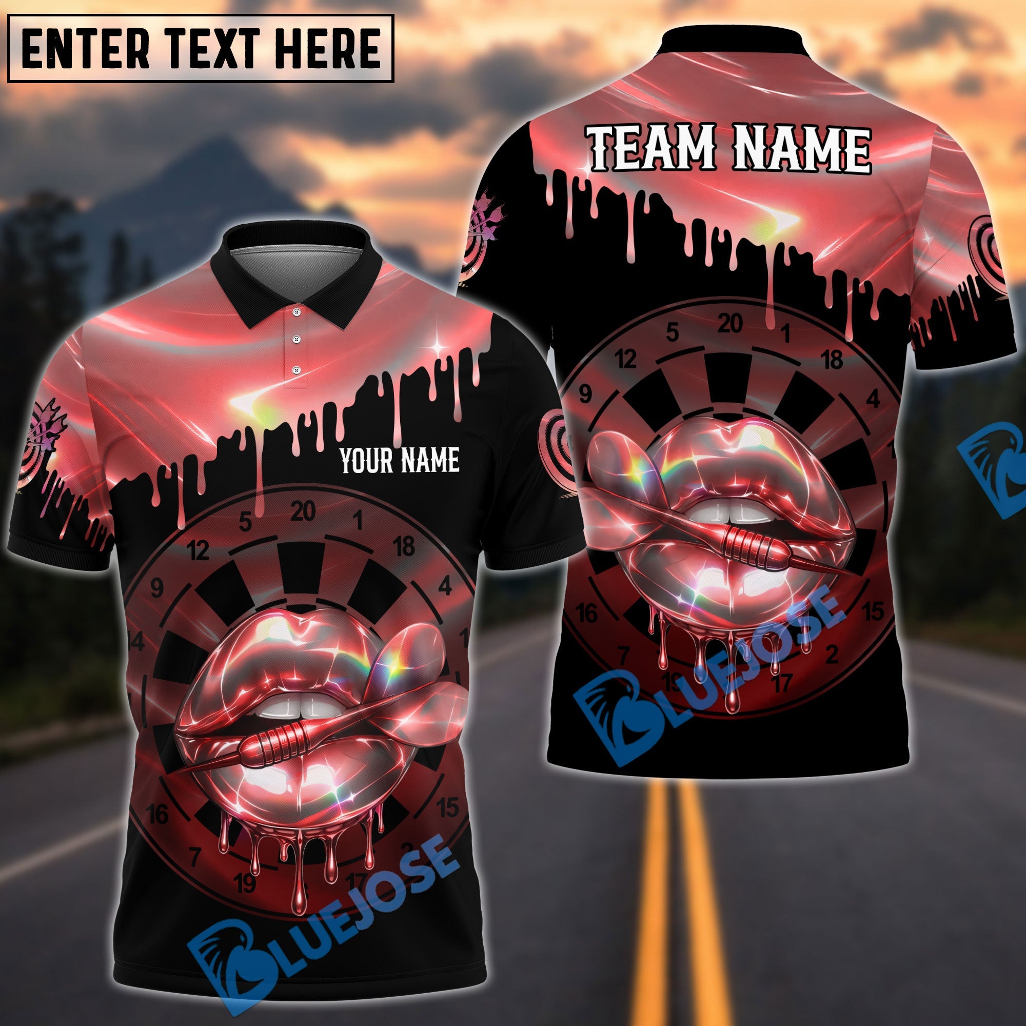 BlueJose Darts Neon Holographic Lips Dartboard Customized Name, Team Name 3D Shirt (4 Colors)